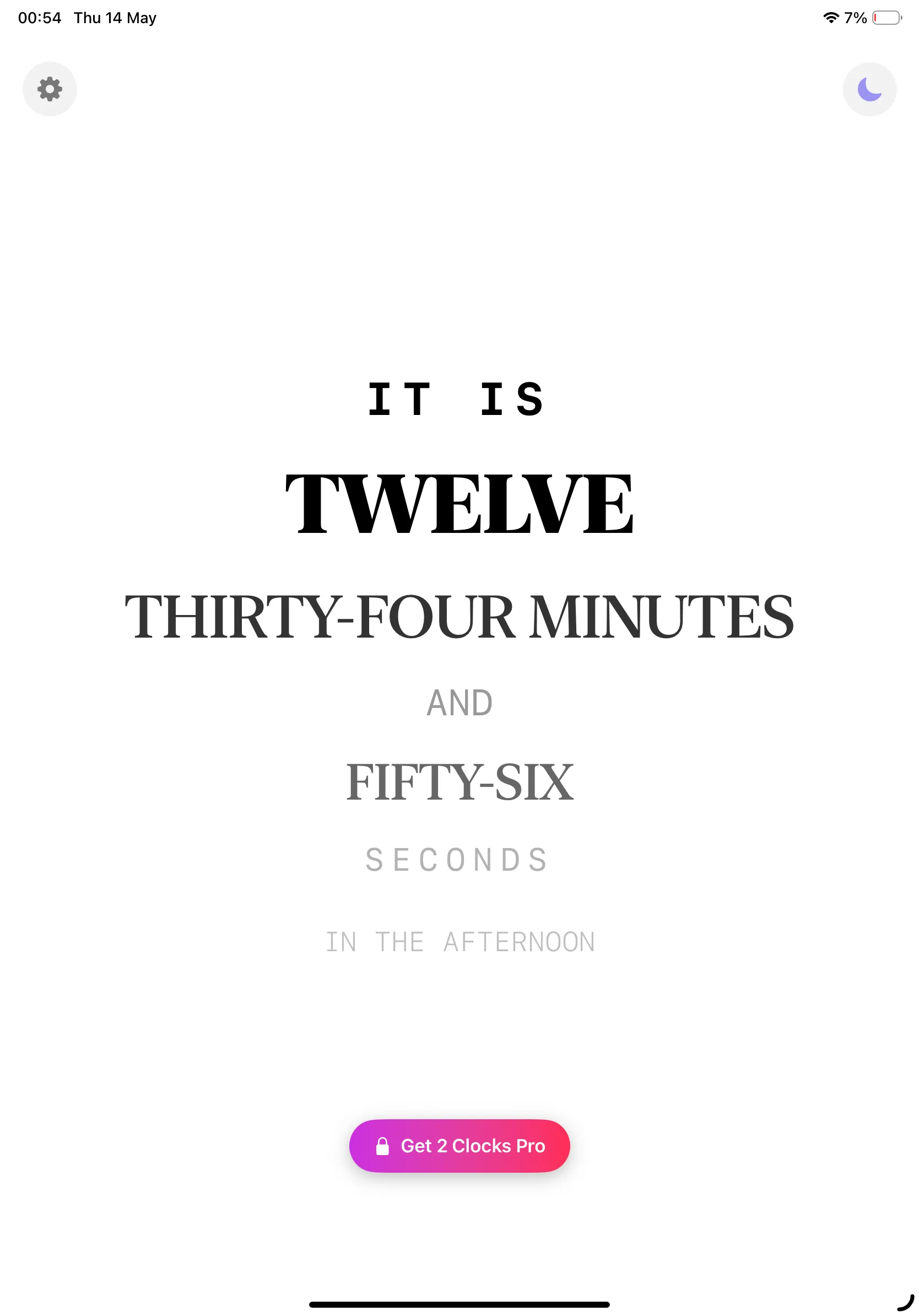 Word clock face on iPad spelling out the time in English