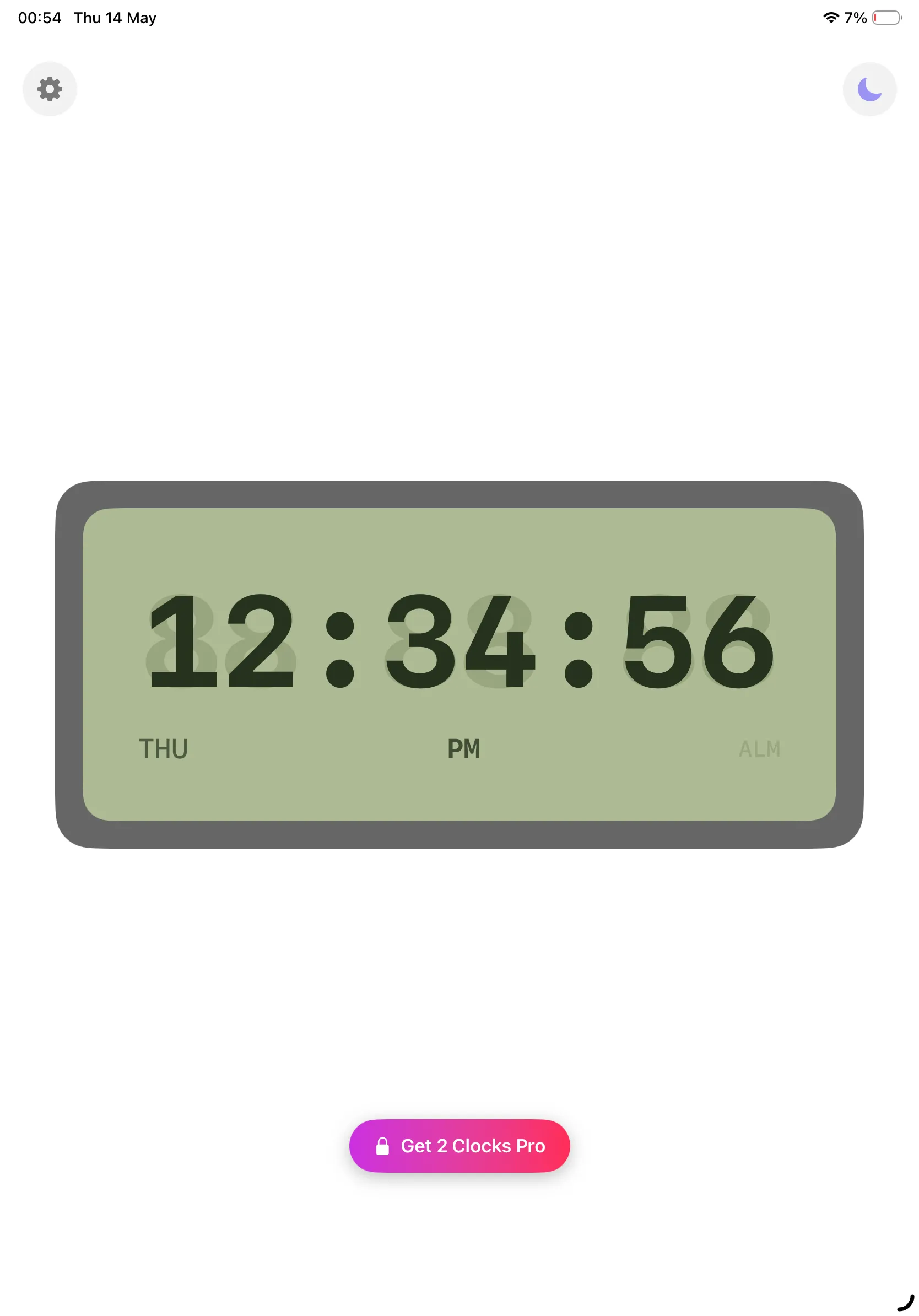 LCD-style digital clock on iPad showing 12:34:56 with day-of-week and AM/PM tags