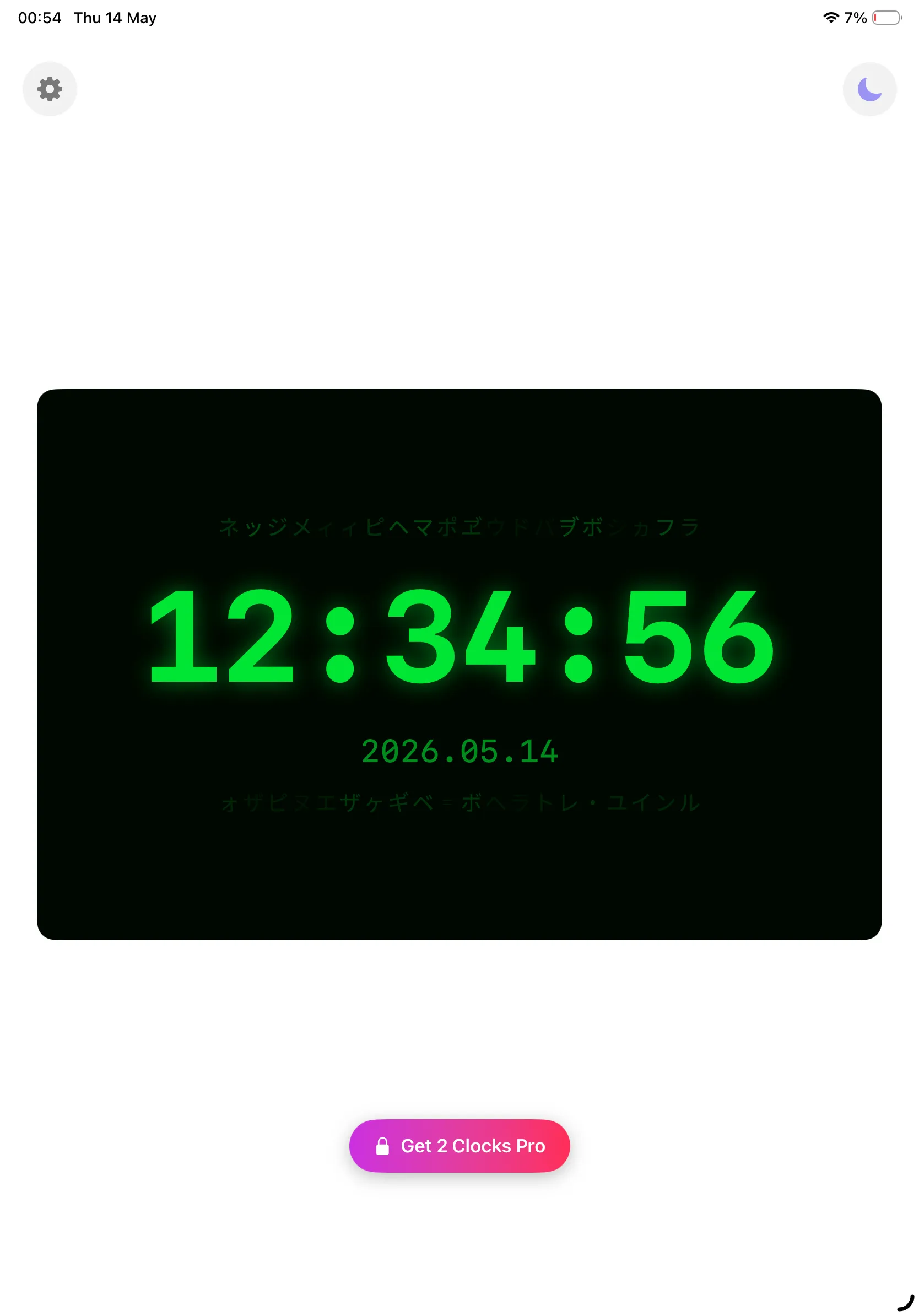 Matrix-themed green glowing digital clock on iPad with date readout 2026.05.14