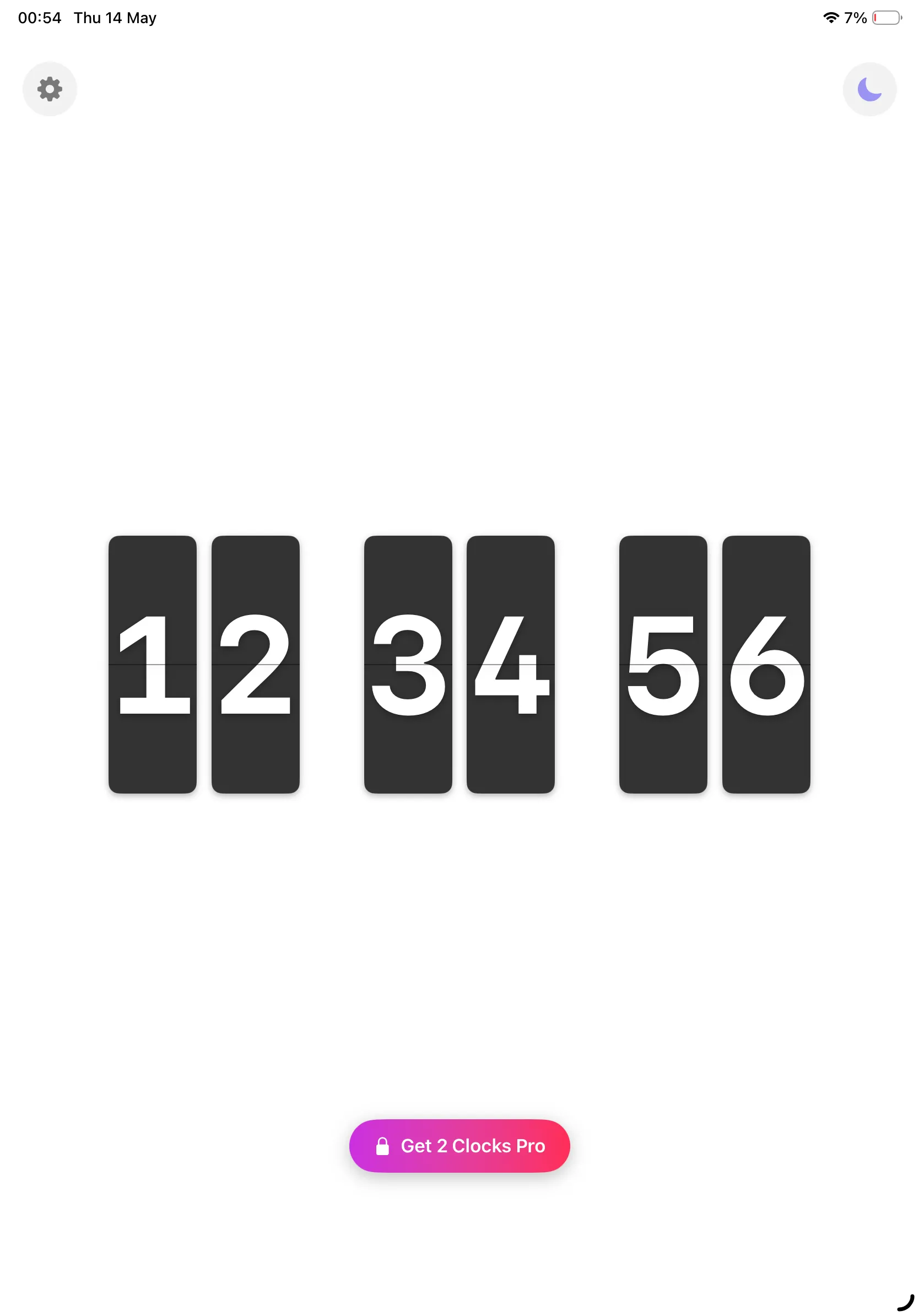 Flip clock style on iPad with vertical split panels showing 12 34 56