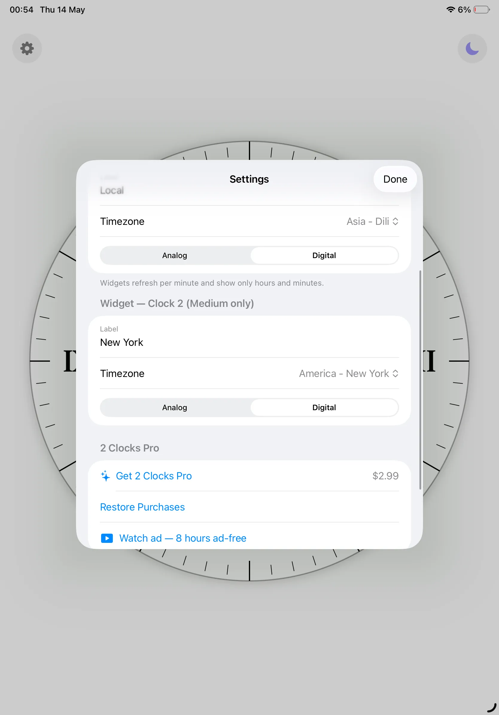 2 Clocks settings sheet on iPad with widget configuration and 2 Clocks Pro options