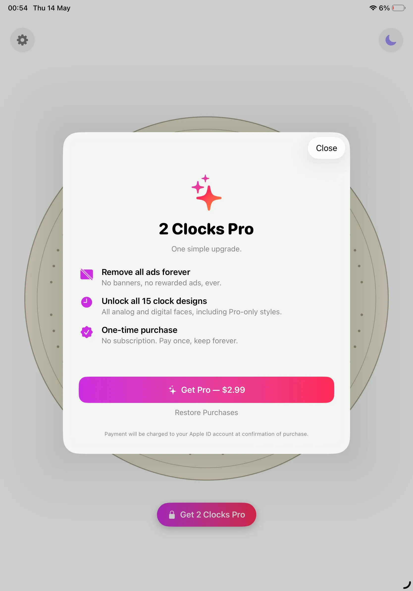 2 Clocks Pro paywall on iPad with $2.99 one-time purchase