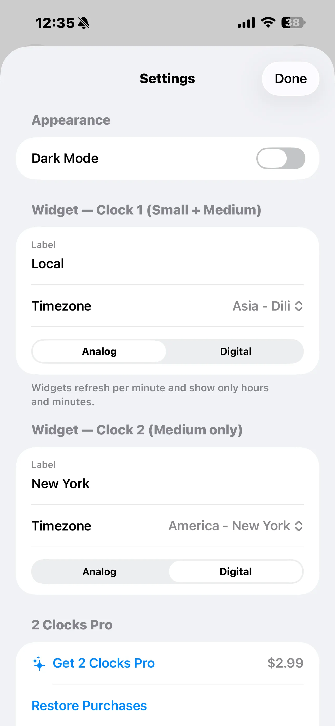 2 Clocks settings on iPhone with Appearance, Widget Clock 1 and 2 Clocks Pro rows