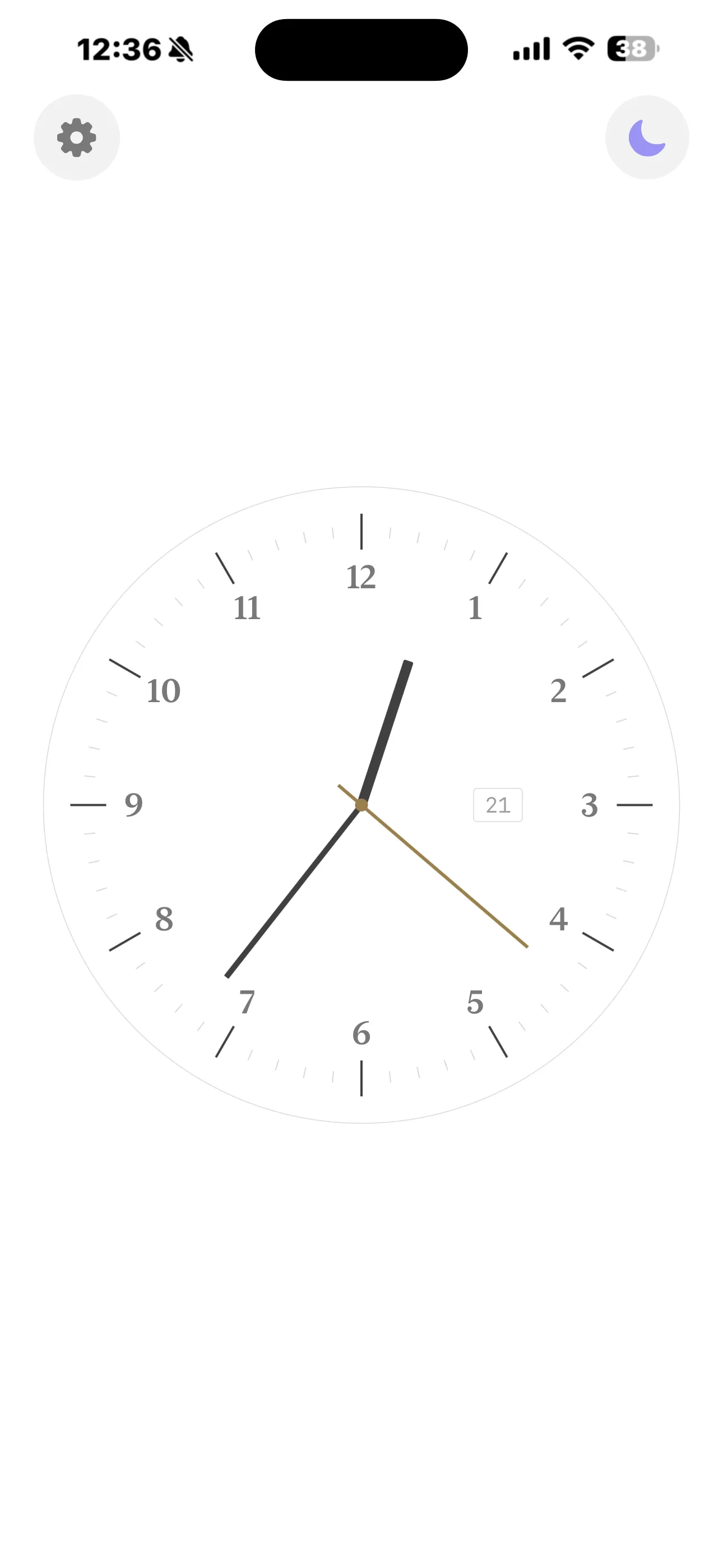 Apple-style minimal analog clock on iPhone with day-of-year badge on the dial