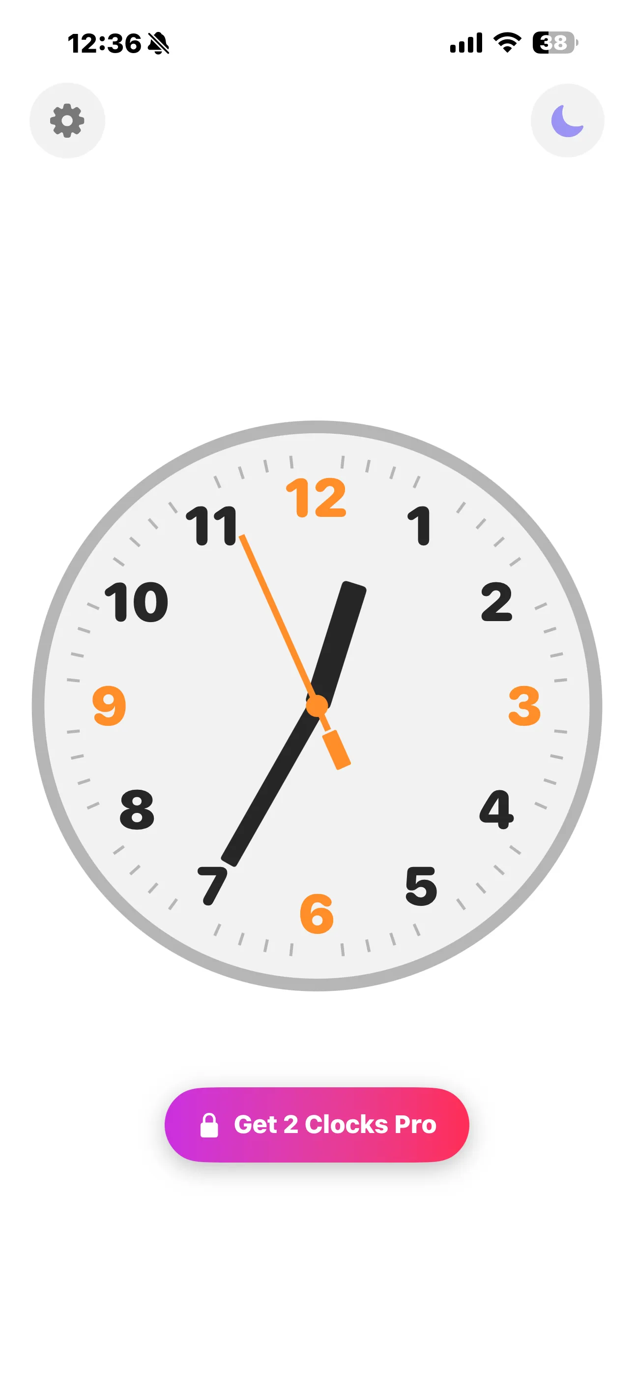 Modern Arabic analog clock on iPhone with orange accents on 12, 3, 6 and 9