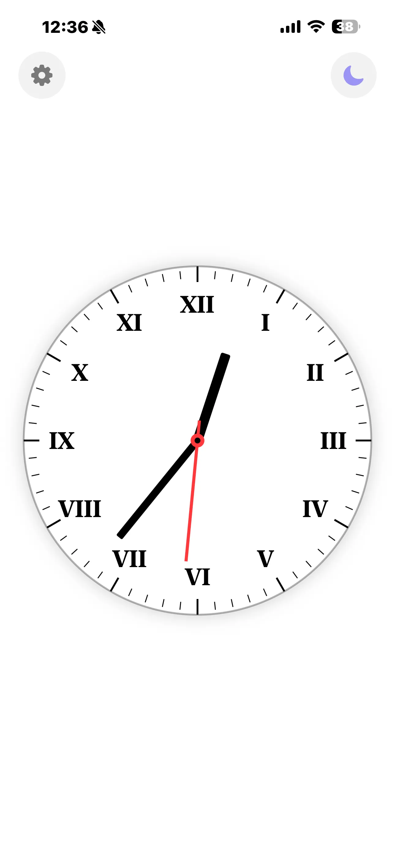 Roman numeral analog clock with red seconds hand on iPhone in light mode