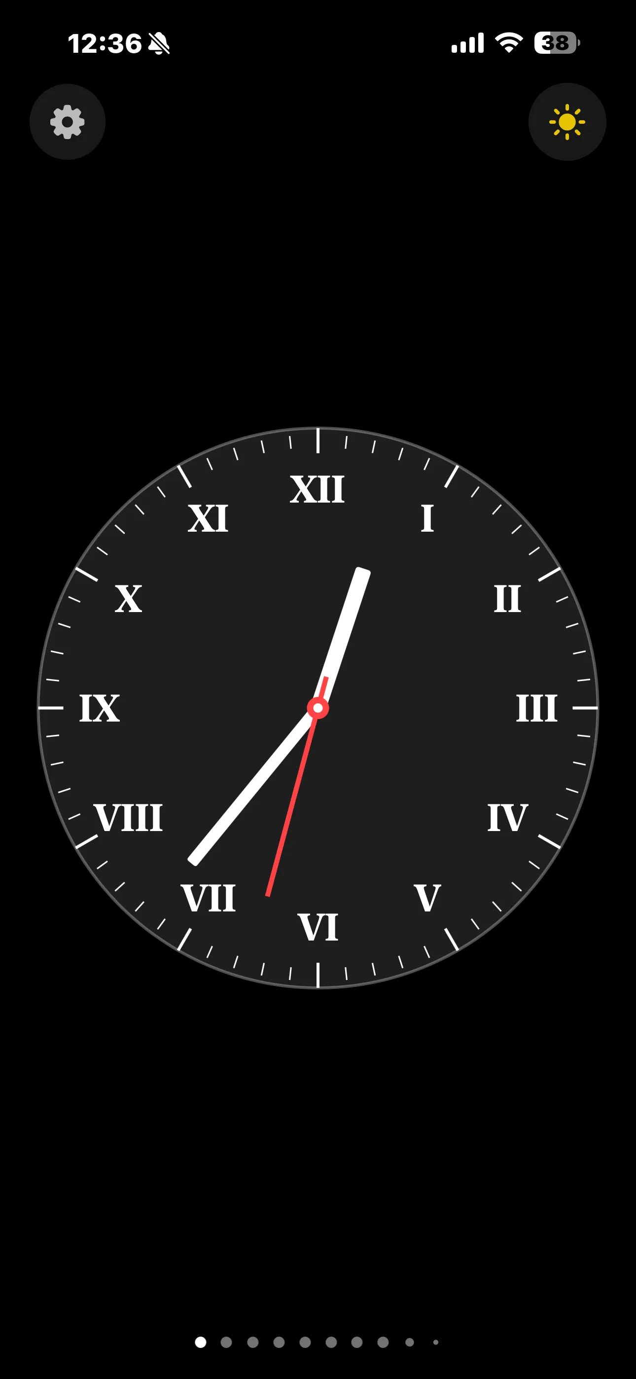 Roman numeral analog clock with white hands and red seconds on true black background