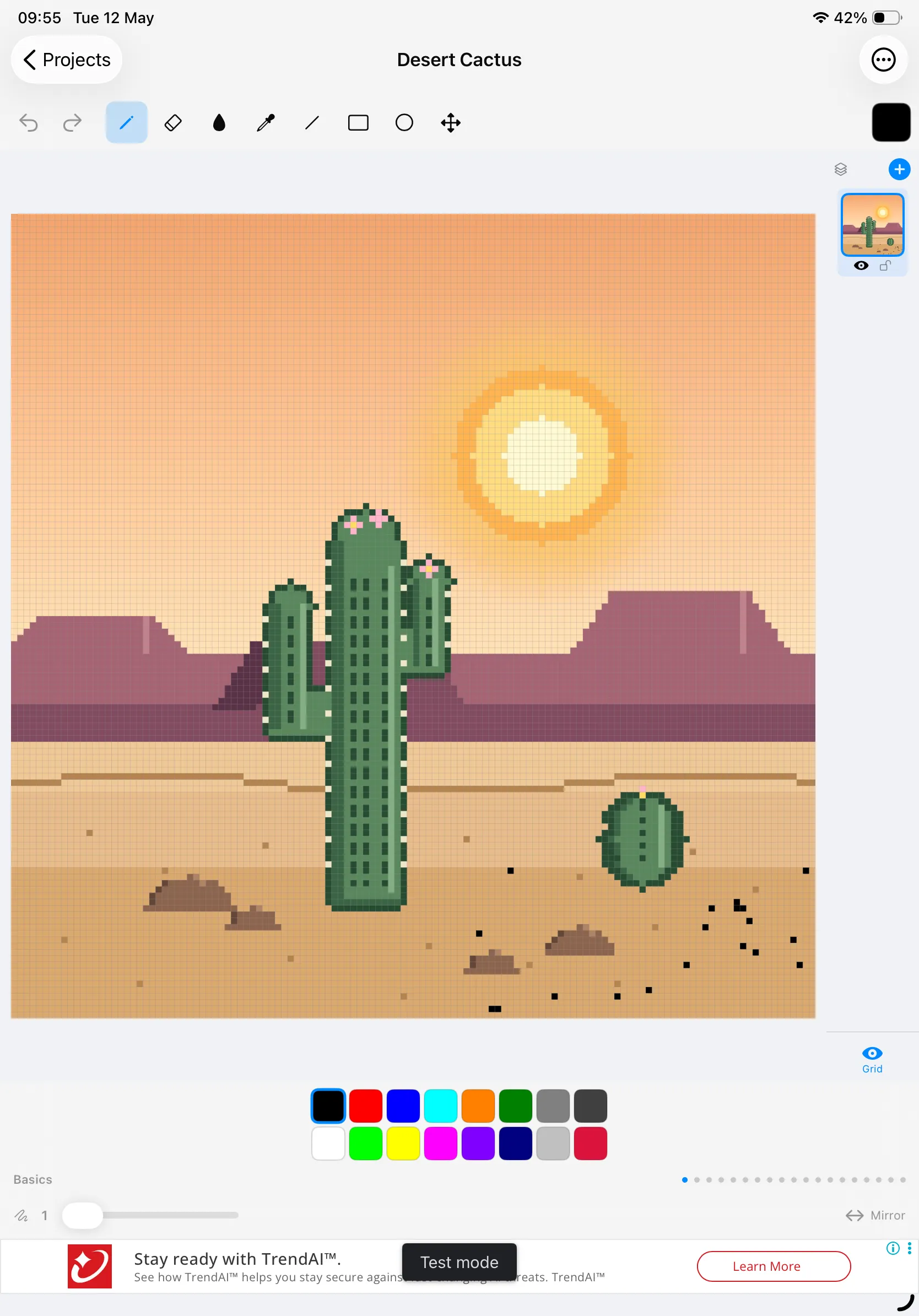 Drawing the Desert Cactus on iPad with toolbar, layer panel and Basics color palette