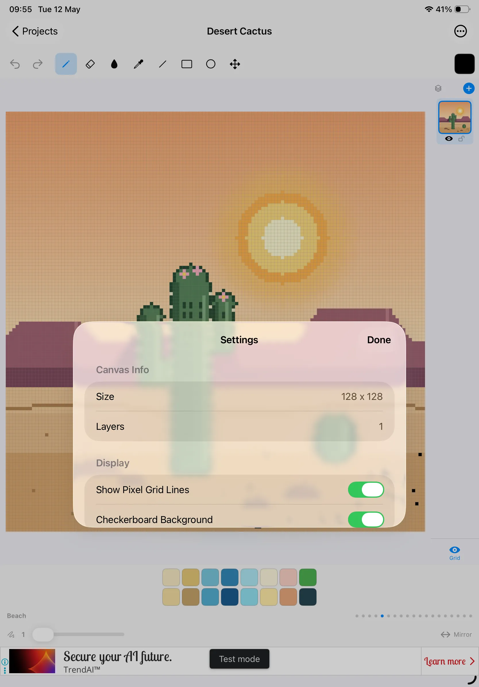 Canvas Settings on iPad with size 128 x 128, layers, grid lines and checkerboard background