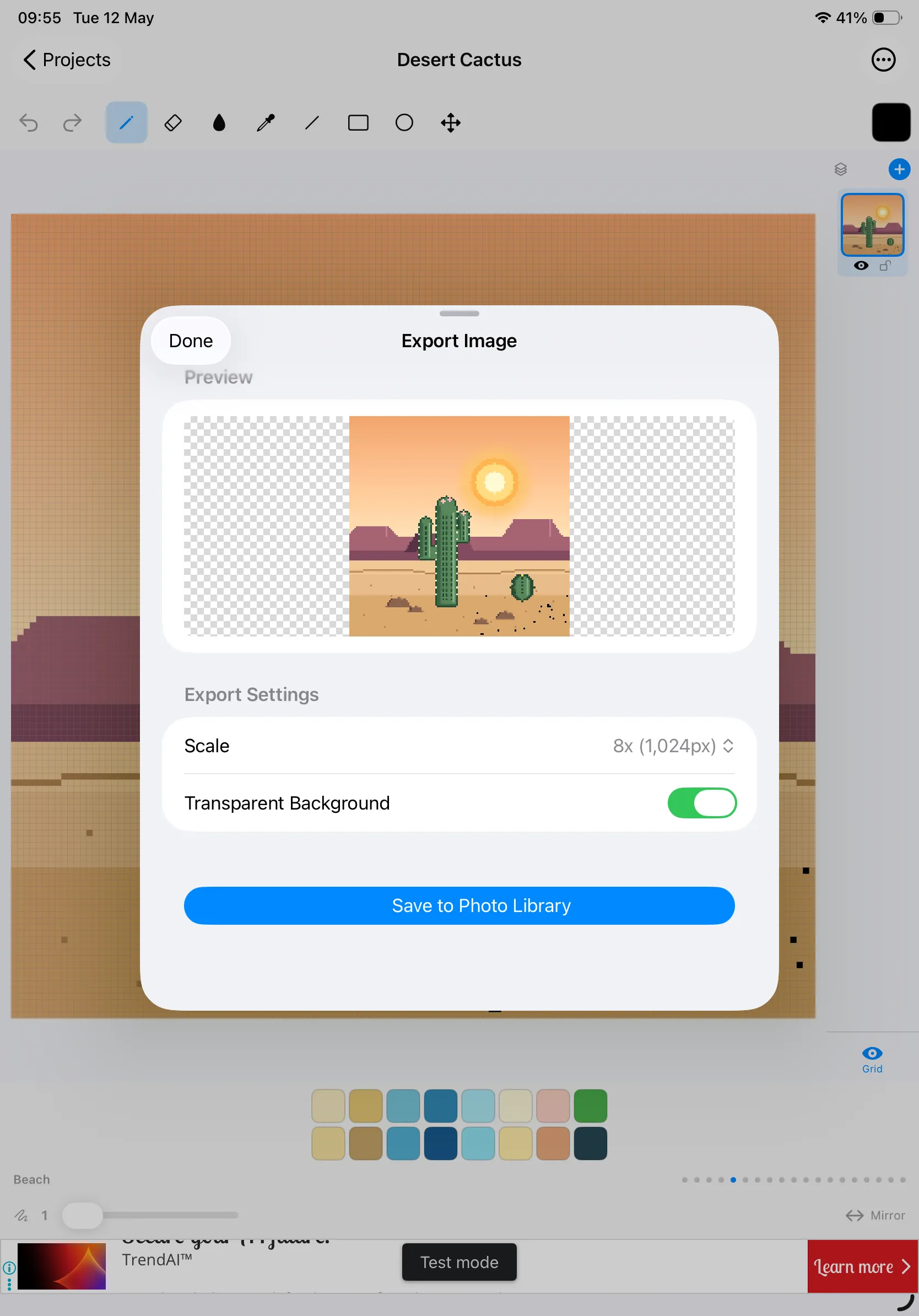 Export Image preview on iPad with 8x scale and transparent background toggle