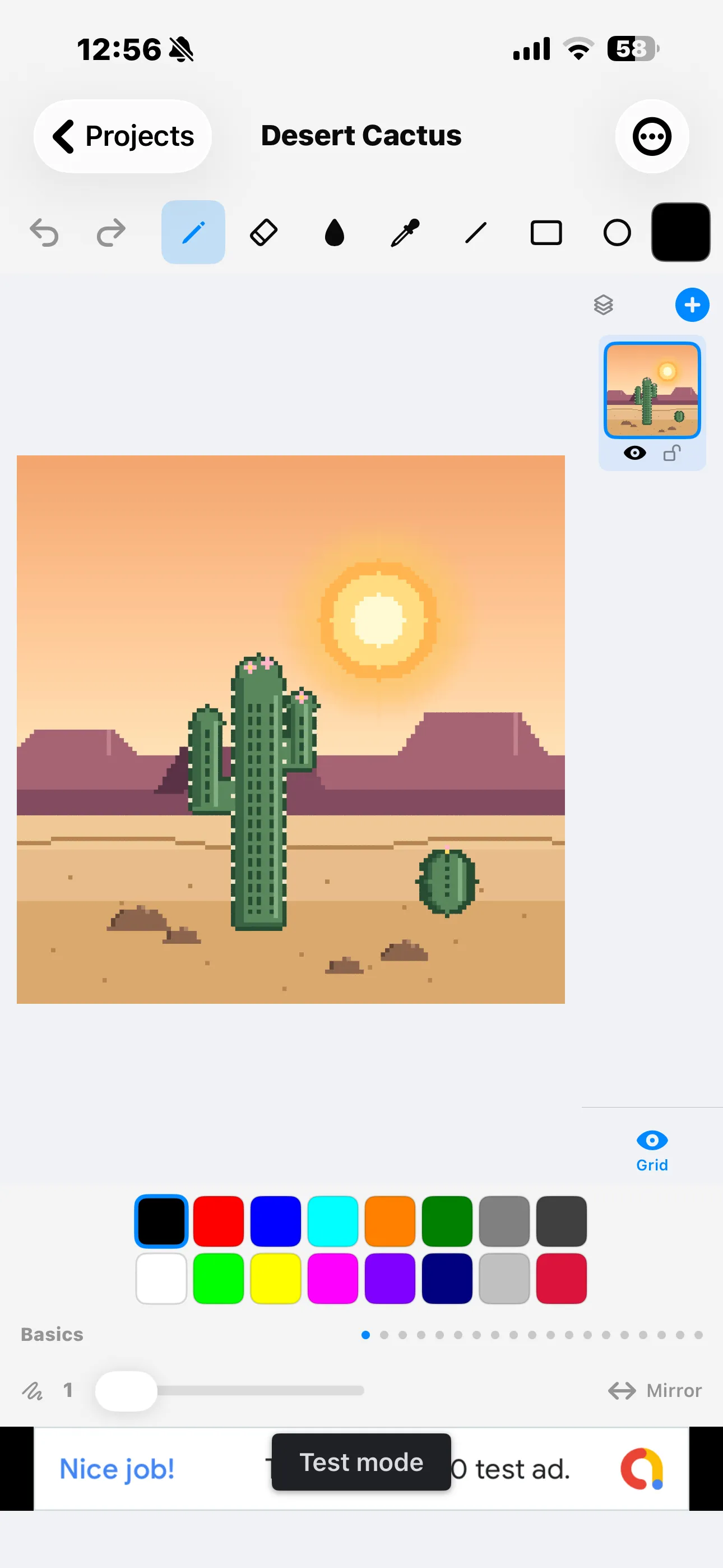 Drawing the Desert Cactus pixel art on iPhone with toolbar and color palette