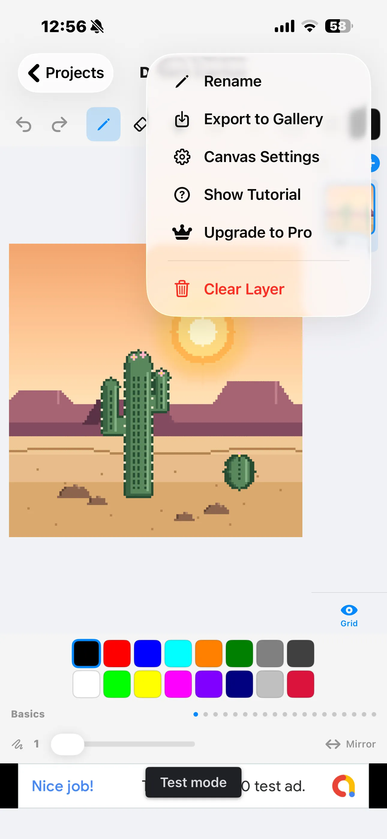 Project menu on iPhone showing Rename, Export to Gallery, Canvas Settings, Show Tutorial, Upgrade to Pro and Clear Layer