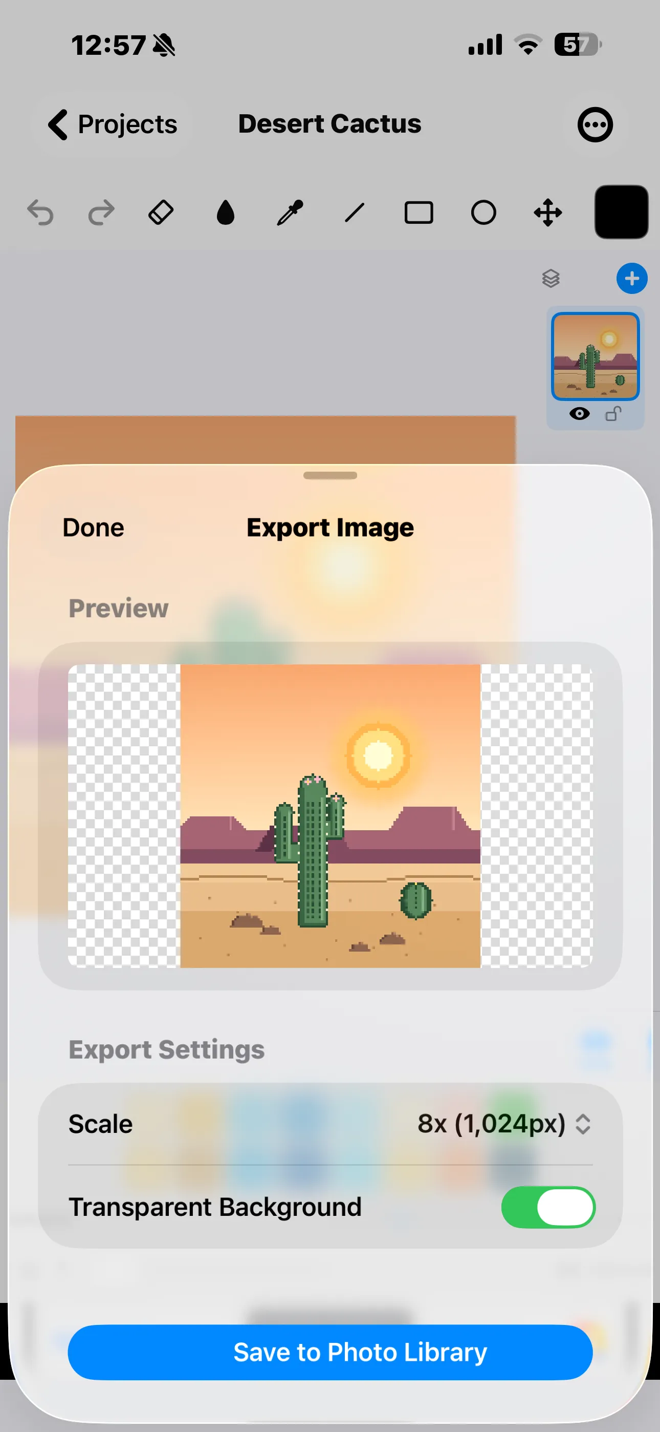 Export Image sheet on iPhone with preview, 8x scale and transparent background toggle