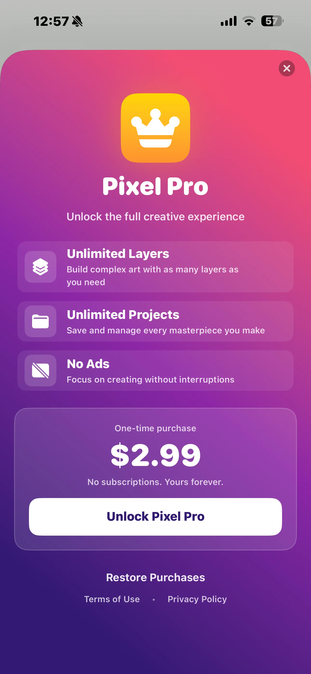 Pixel Pro paywall on iPhone with $2.99 one-time purchase, unlimited layers, projects, no ads