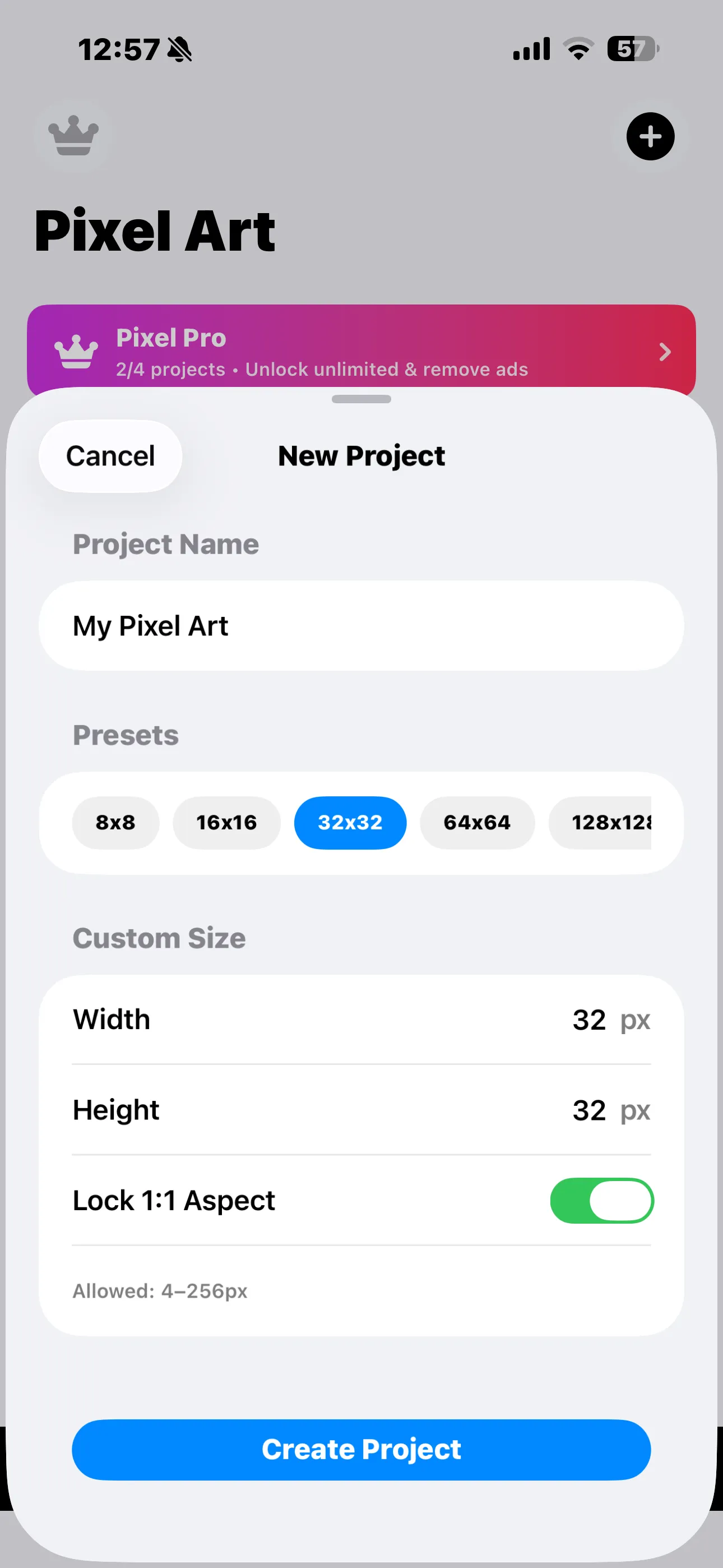 New Project sheet on iPhone with name, presets 8x8 to 128x128 and custom size