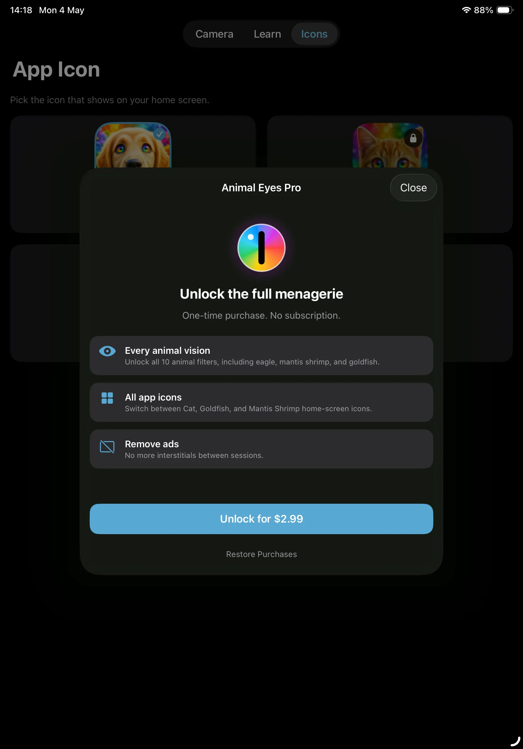 Animal Eyes Pro paywall on iPad showing 2.99 one-time unlock