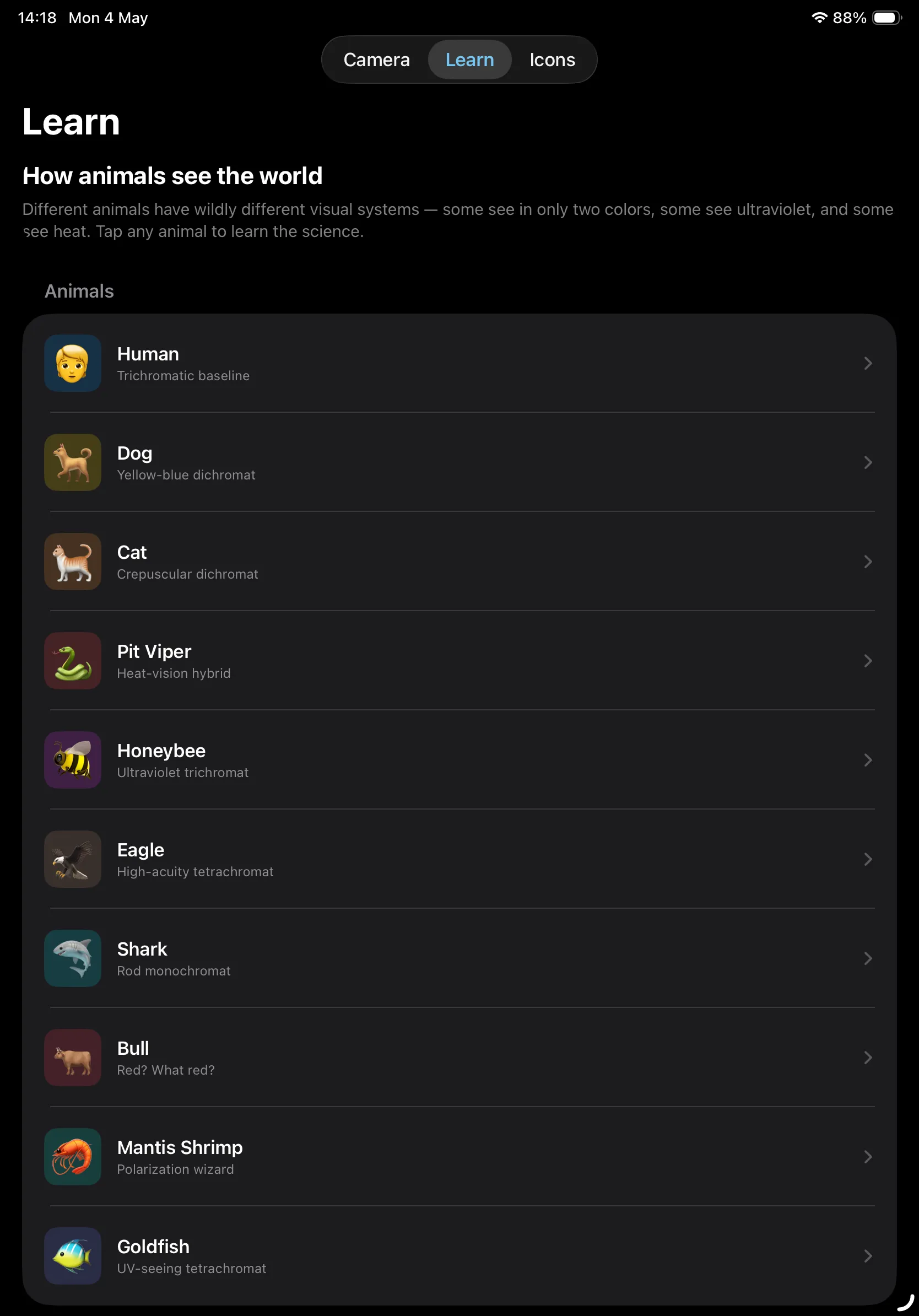 Animal Eyes Learn tab on iPad listing the full menagerie