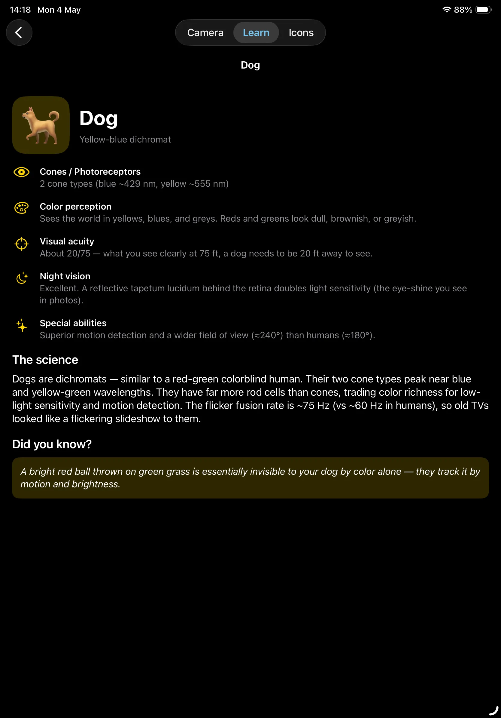 Animal Eyes Learn tab detail page about dog vision on iPad