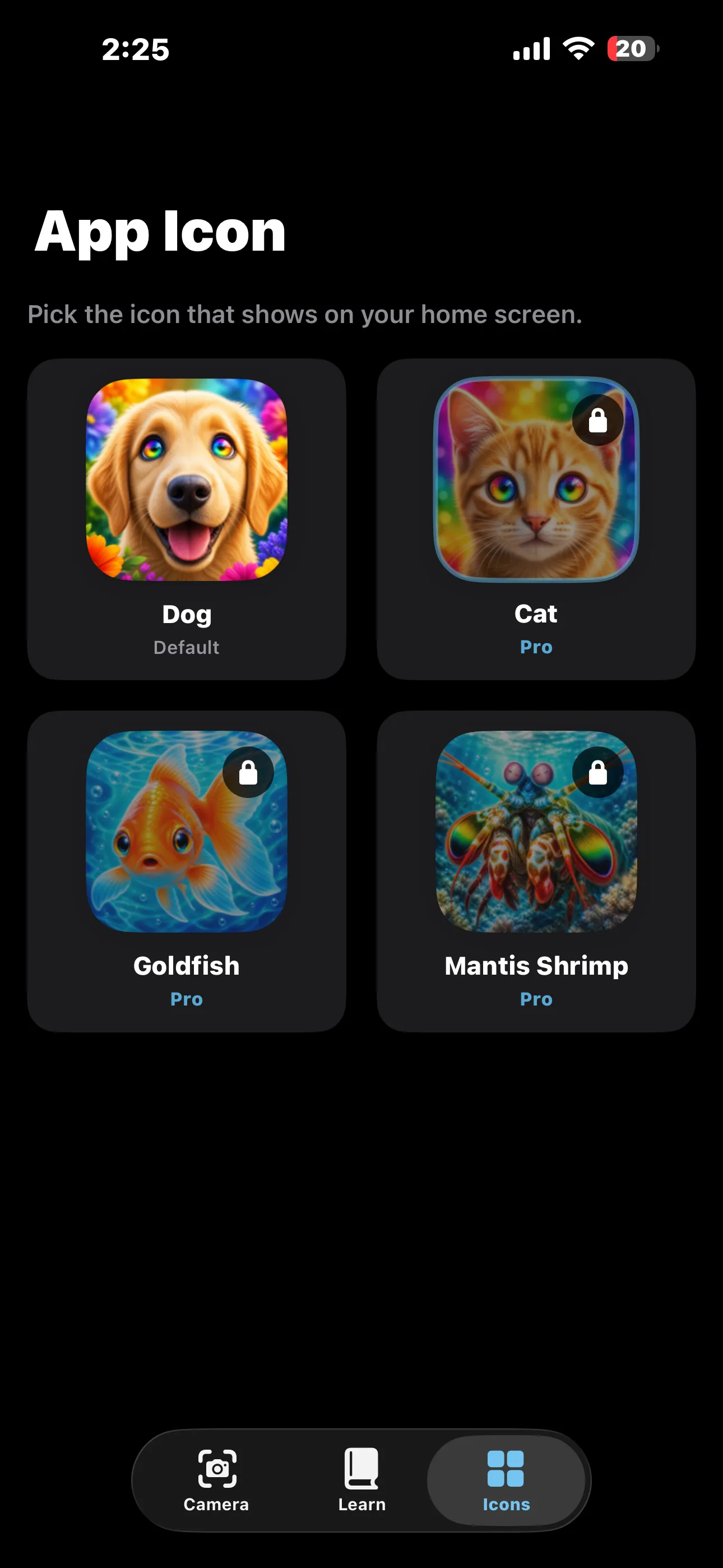 Animal Eyes Icons tab showing four alternate app icons