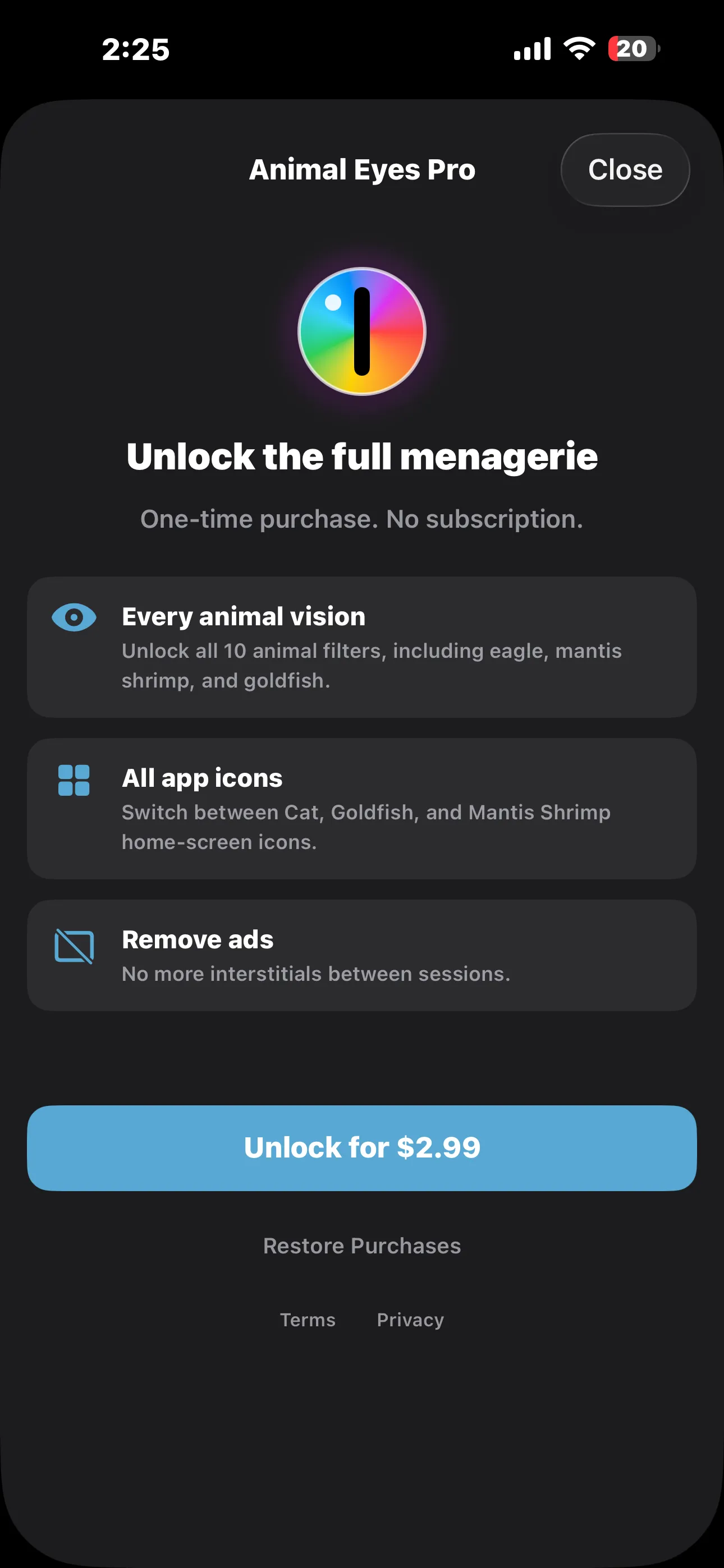 Animal Eyes Pro paywall showing 2.99 unlock