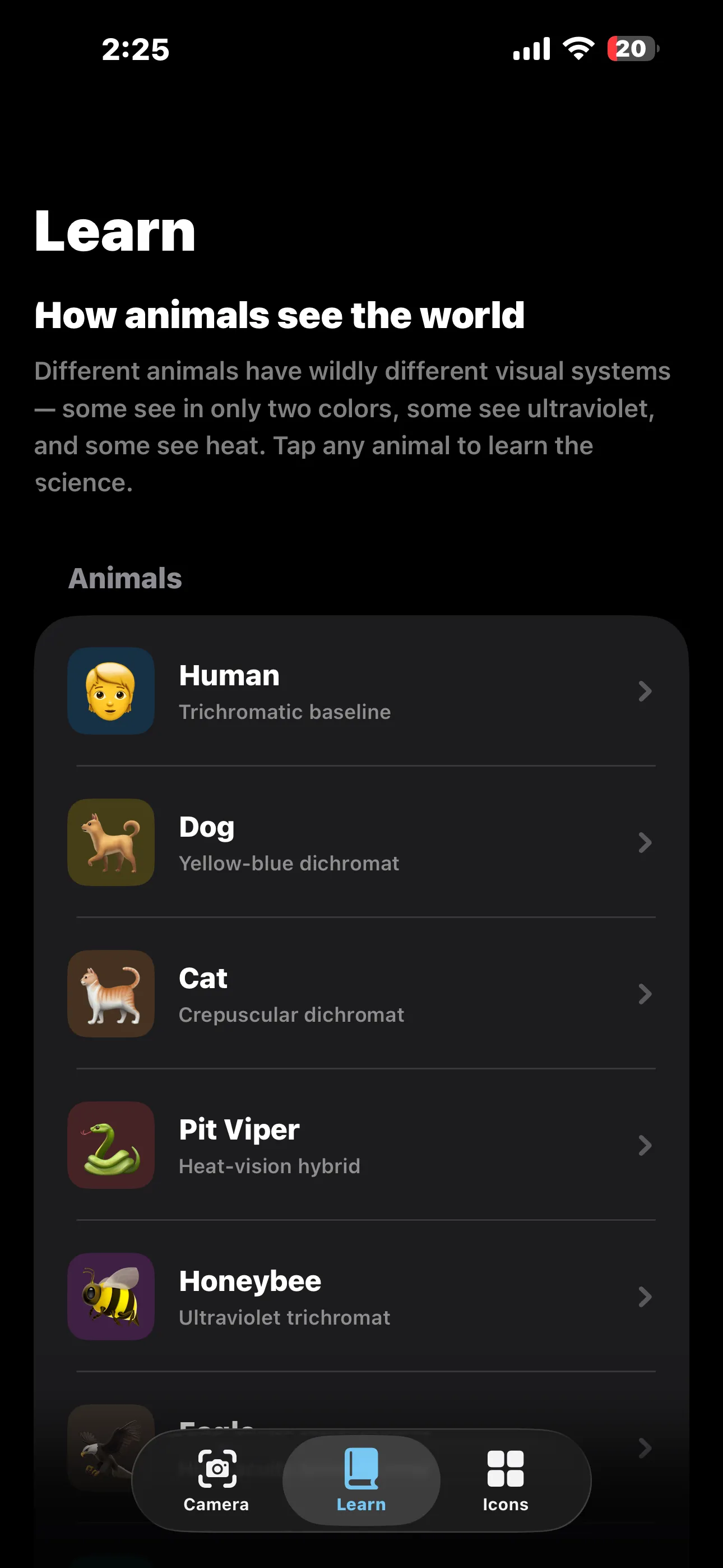 Animal Eyes Learn tab listing the ten animals