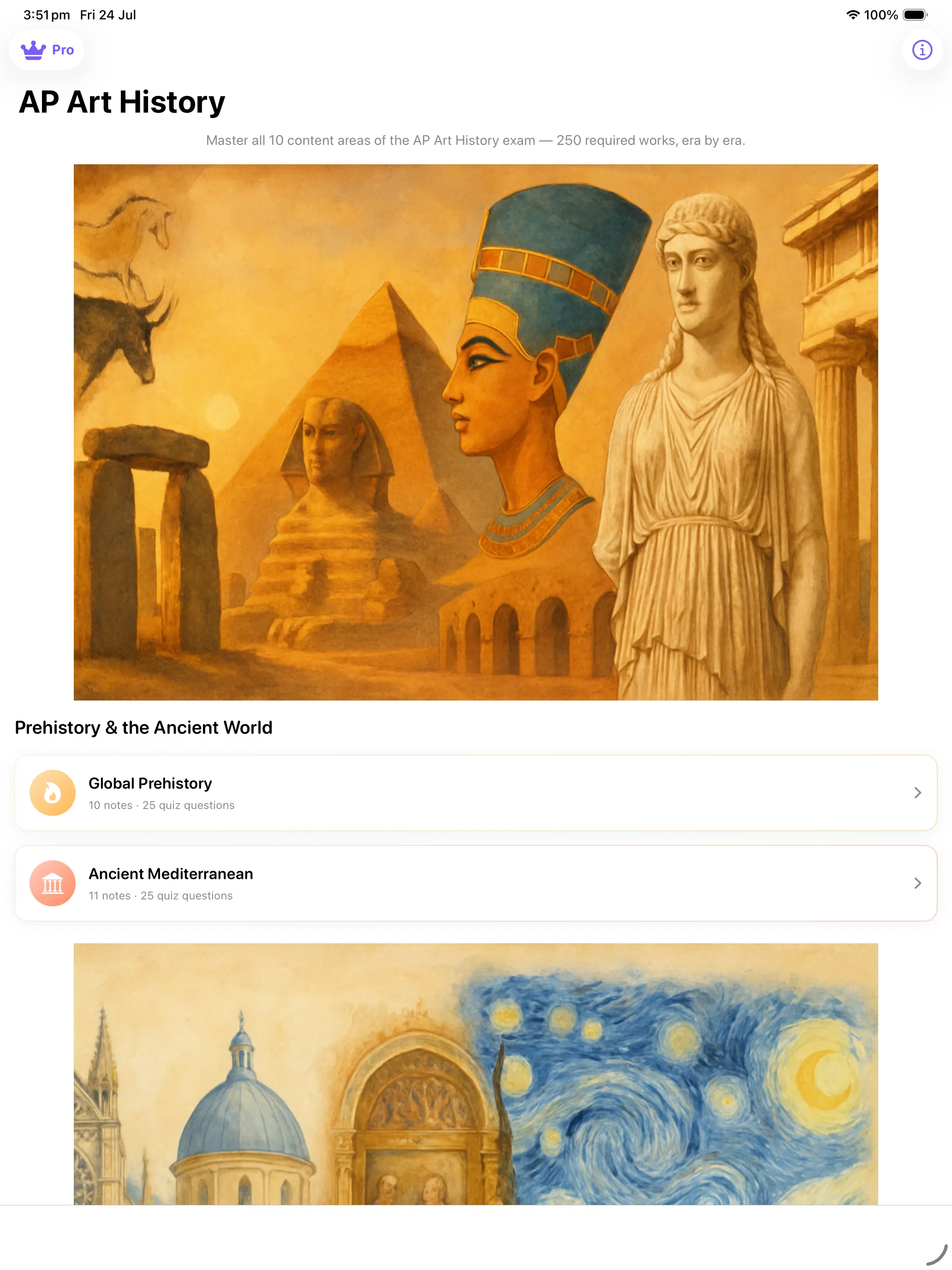 AP Art History on iPad showing the illustrated header for Prehistory and the Ancient World