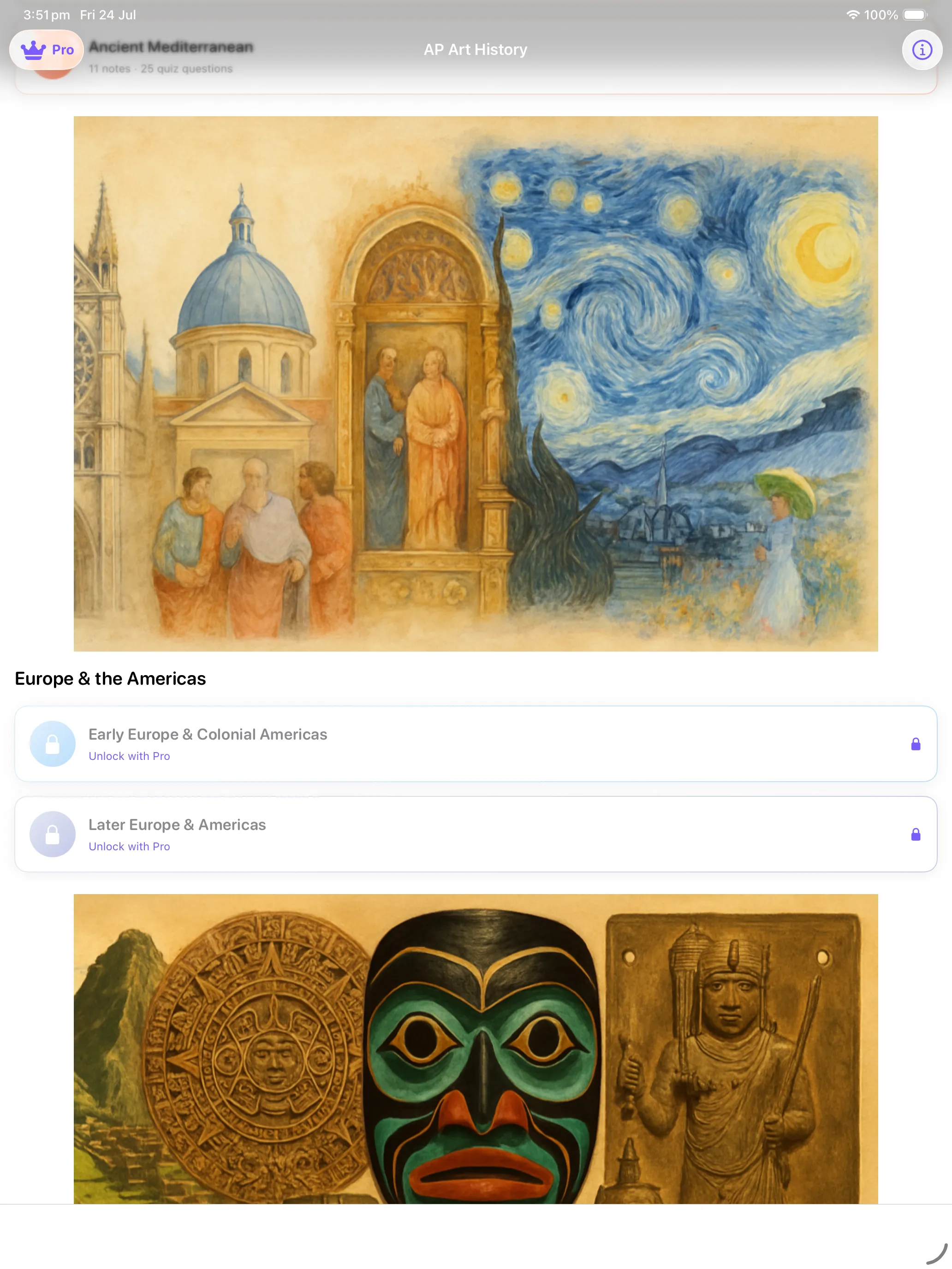 Europe and the Americas on iPad, with both content areas locked behind Pro