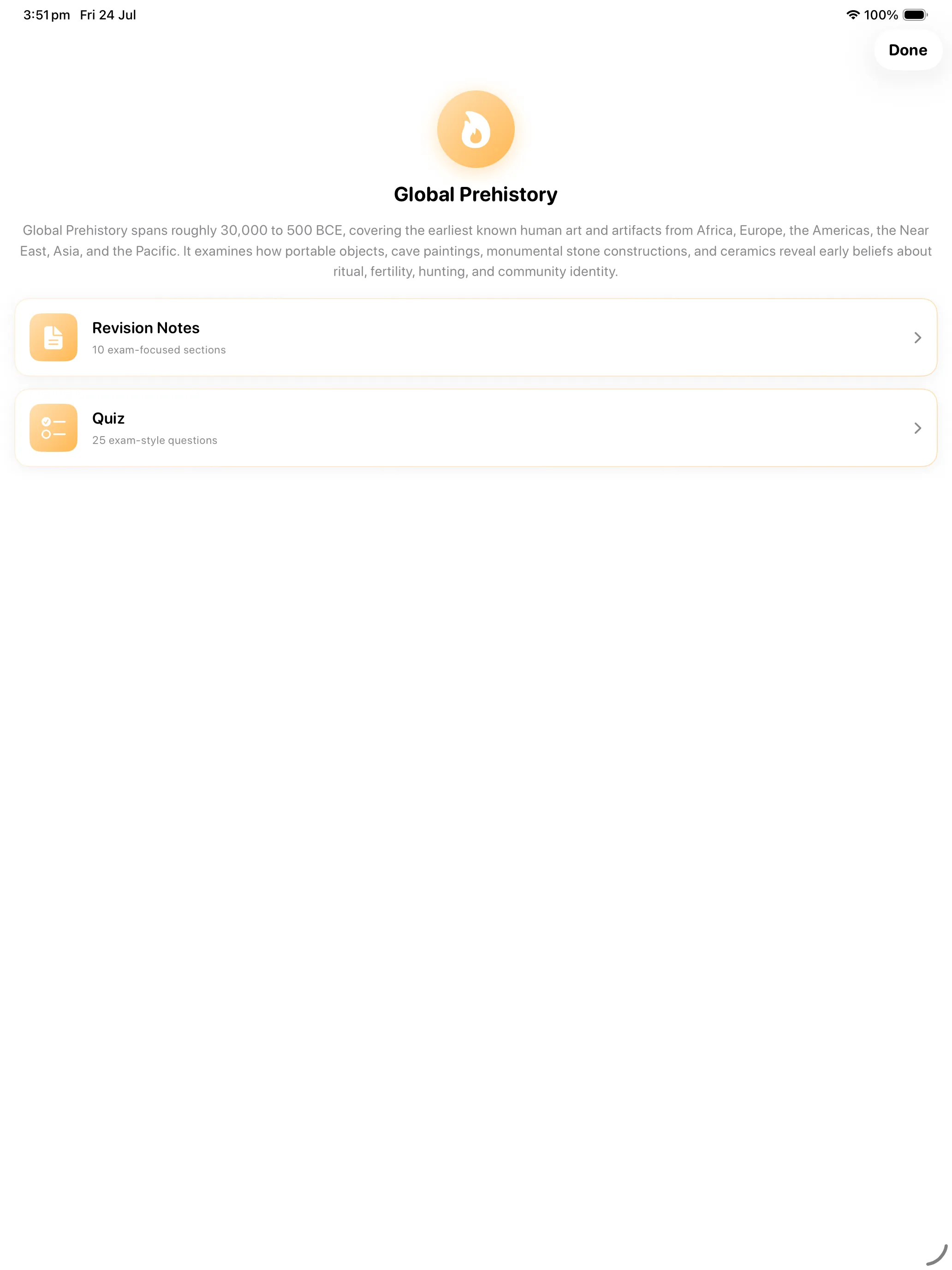 The Global Prehistory hub on iPad with Revision Notes and Quiz
