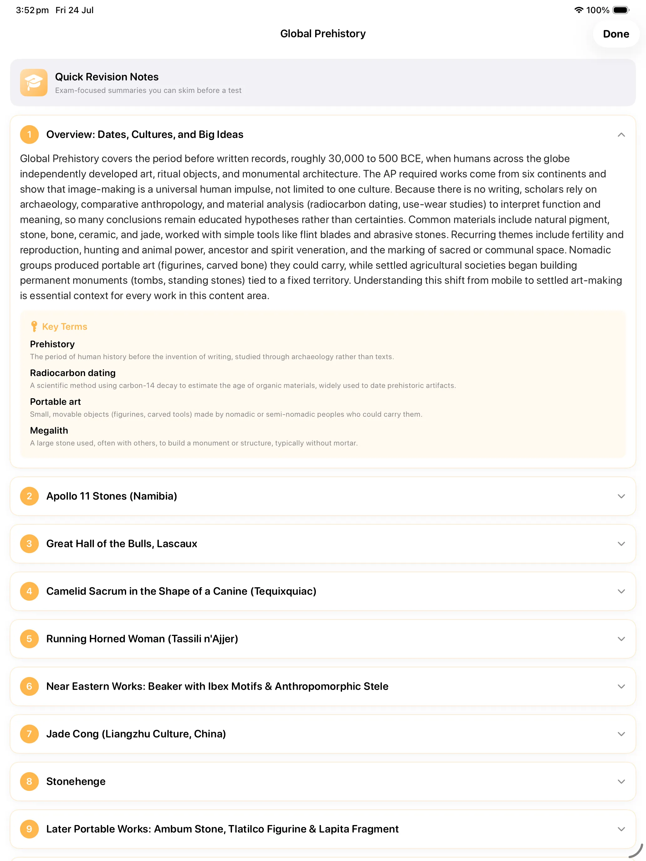 An expanded revision note on iPad showing the overview text and its key terms