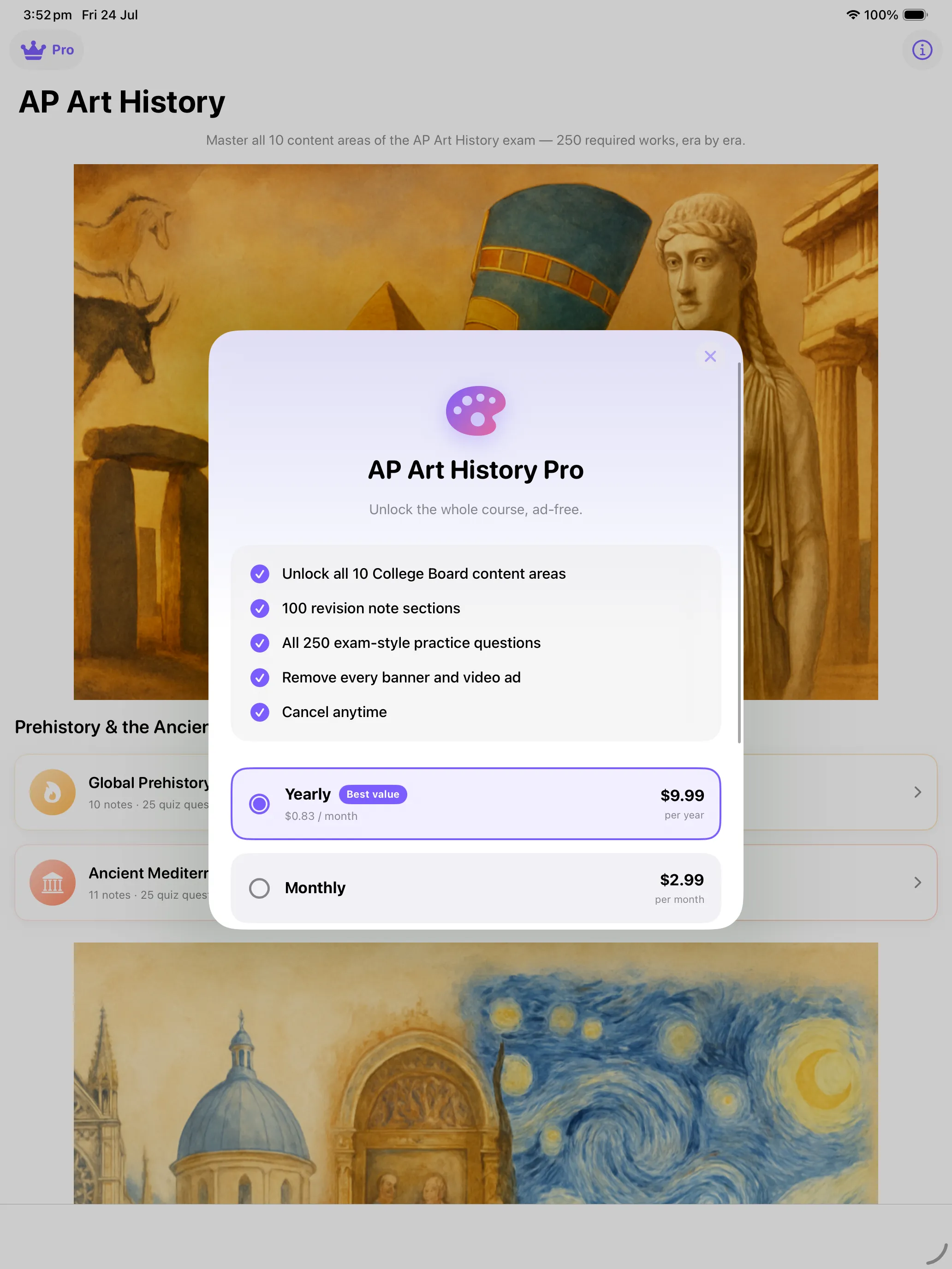 The Pro subscription sheet on iPad with yearly and monthly options