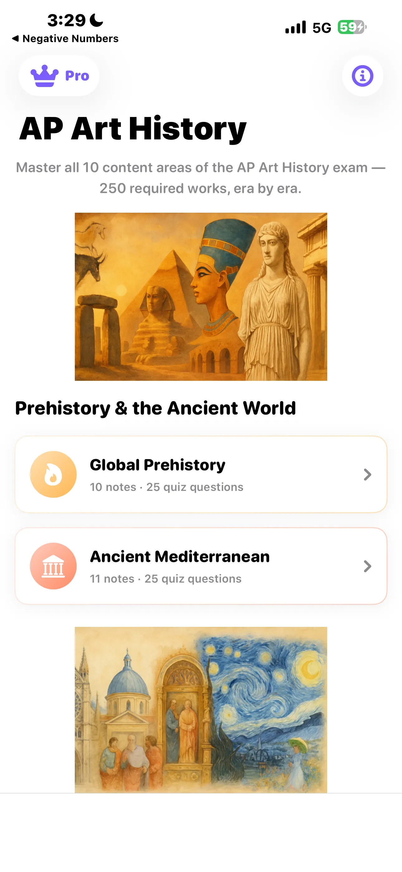 The AP Art History home screen showing the Prehistory and the Ancient World group with Global Prehistory and Ancient Mediterranean
