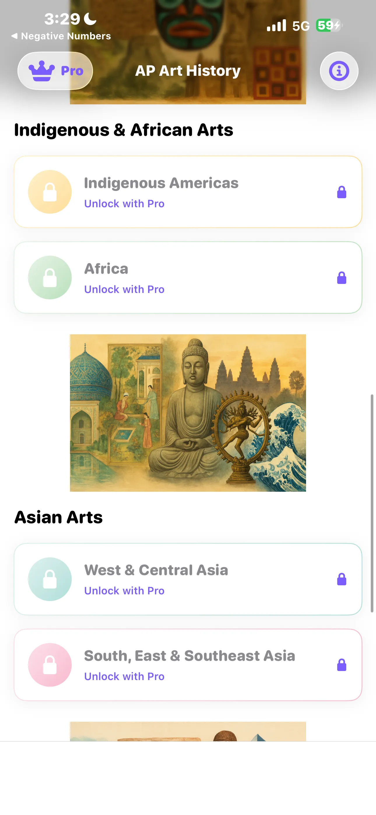 The Indigenous and African Arts and Asian Arts groups with their illustrated headers