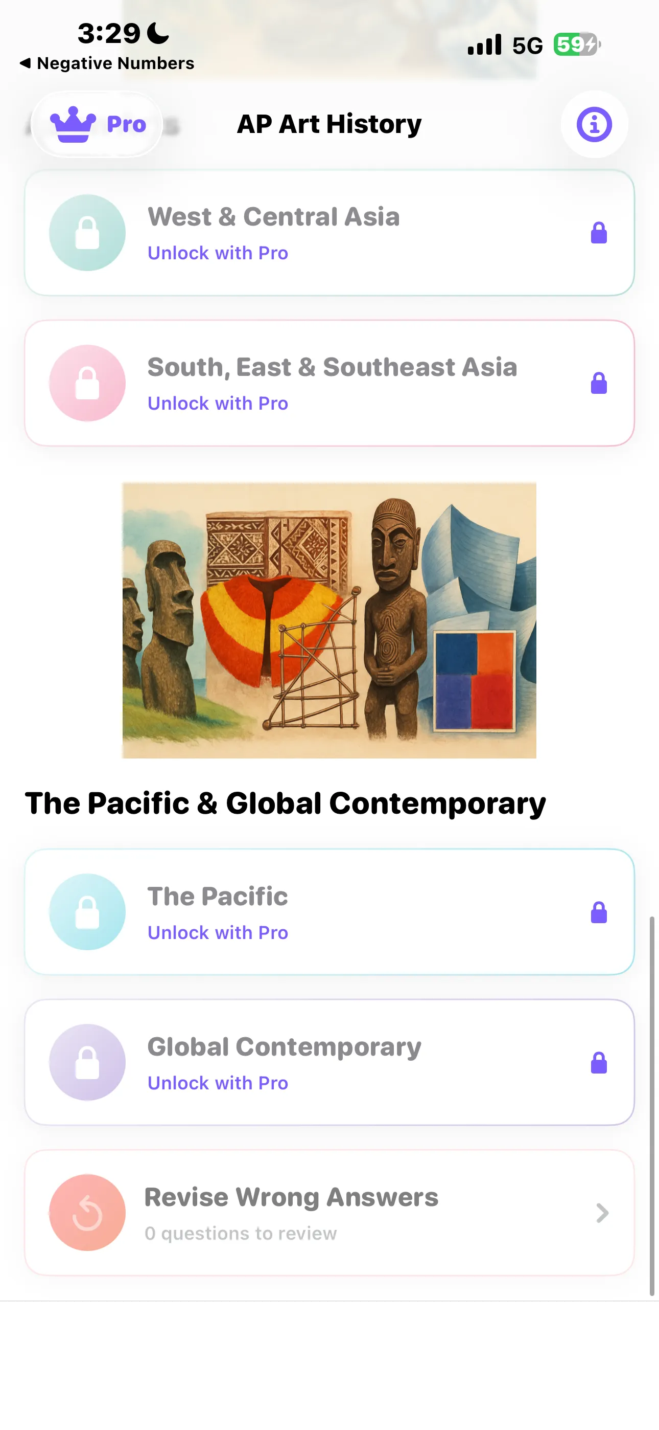 The Pacific and Global Contemporary group, with the Revise Wrong Answers row underneath