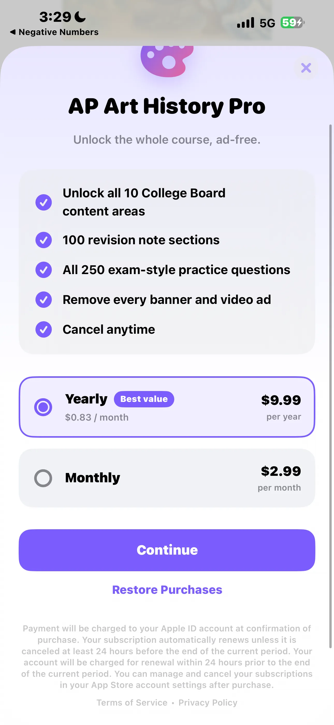 The AP Art History Pro screen listing what Pro unlocks with yearly and monthly options