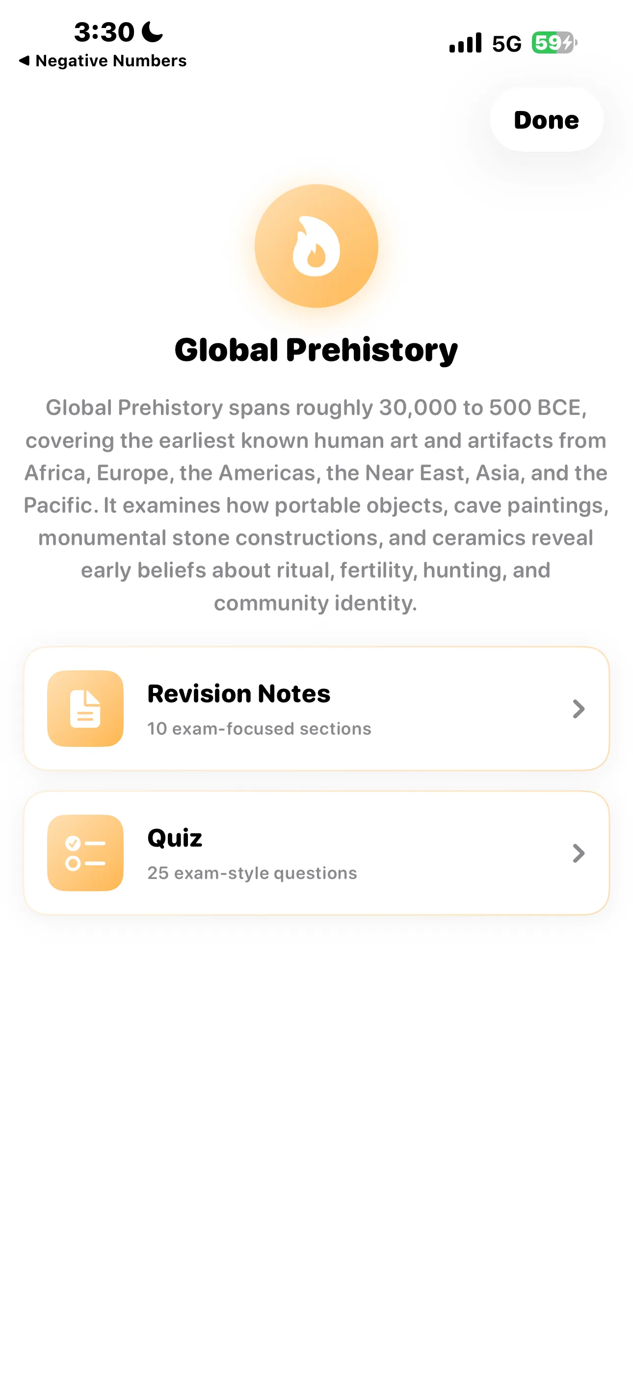 The Global Prehistory screen with a summary of the era and buttons for Revision Notes and Quiz