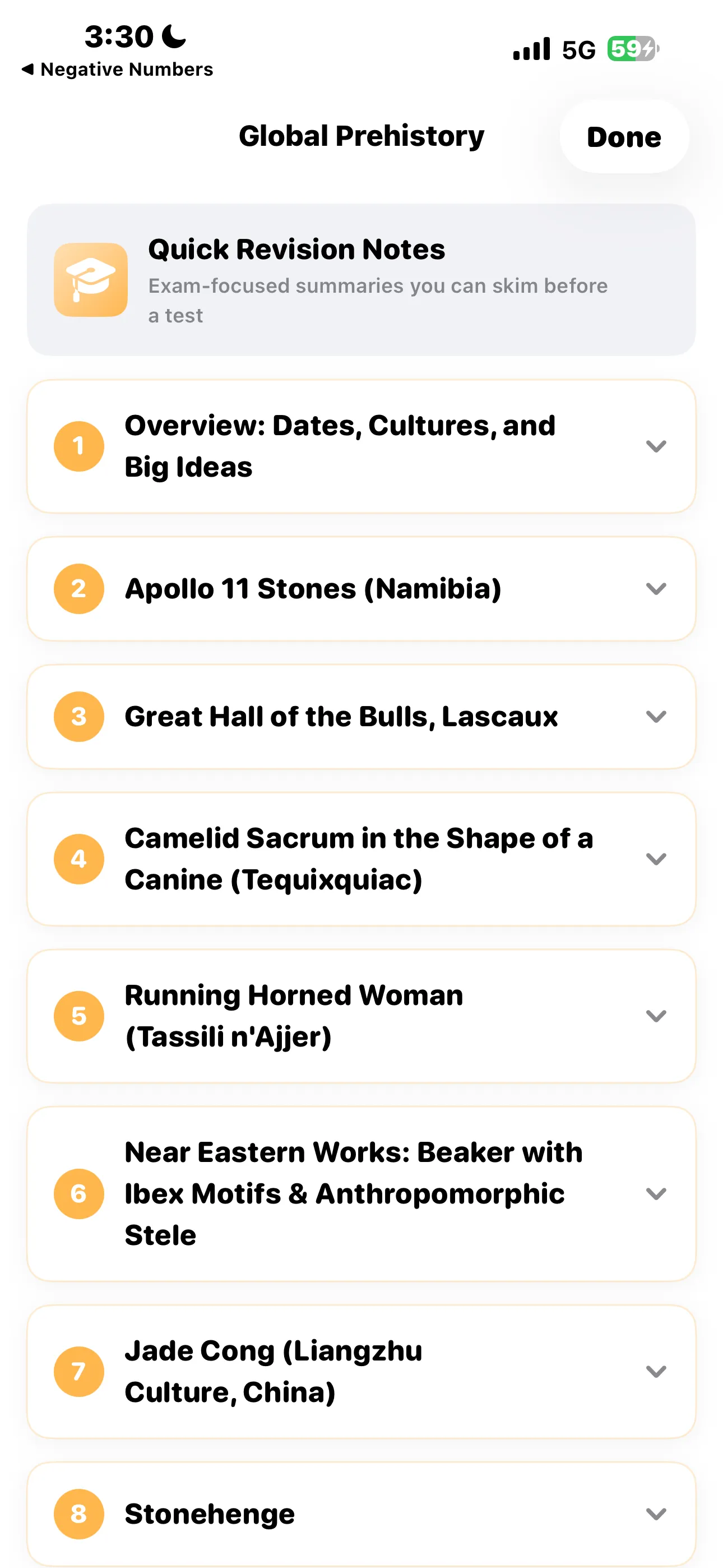 The list of Global Prehistory revision note sections including Apollo 11 Stones, Great Hall of the Bulls and Stonehenge