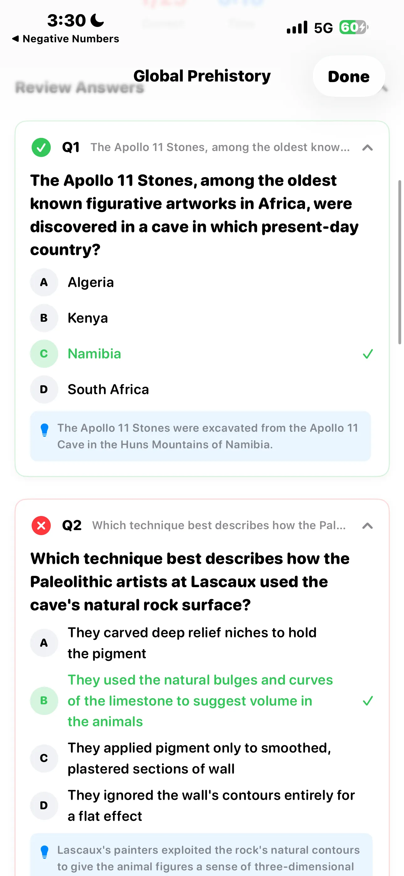 The review screen showing correct and incorrect answers with an explanation under each question