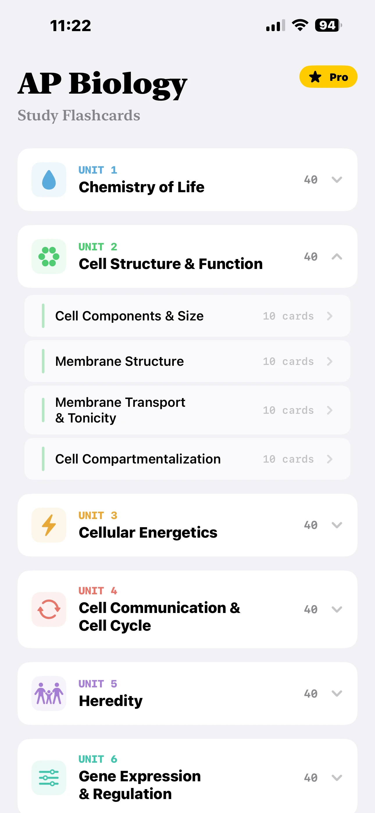 iPhone Screenshot - Unit Subtopics Expanded