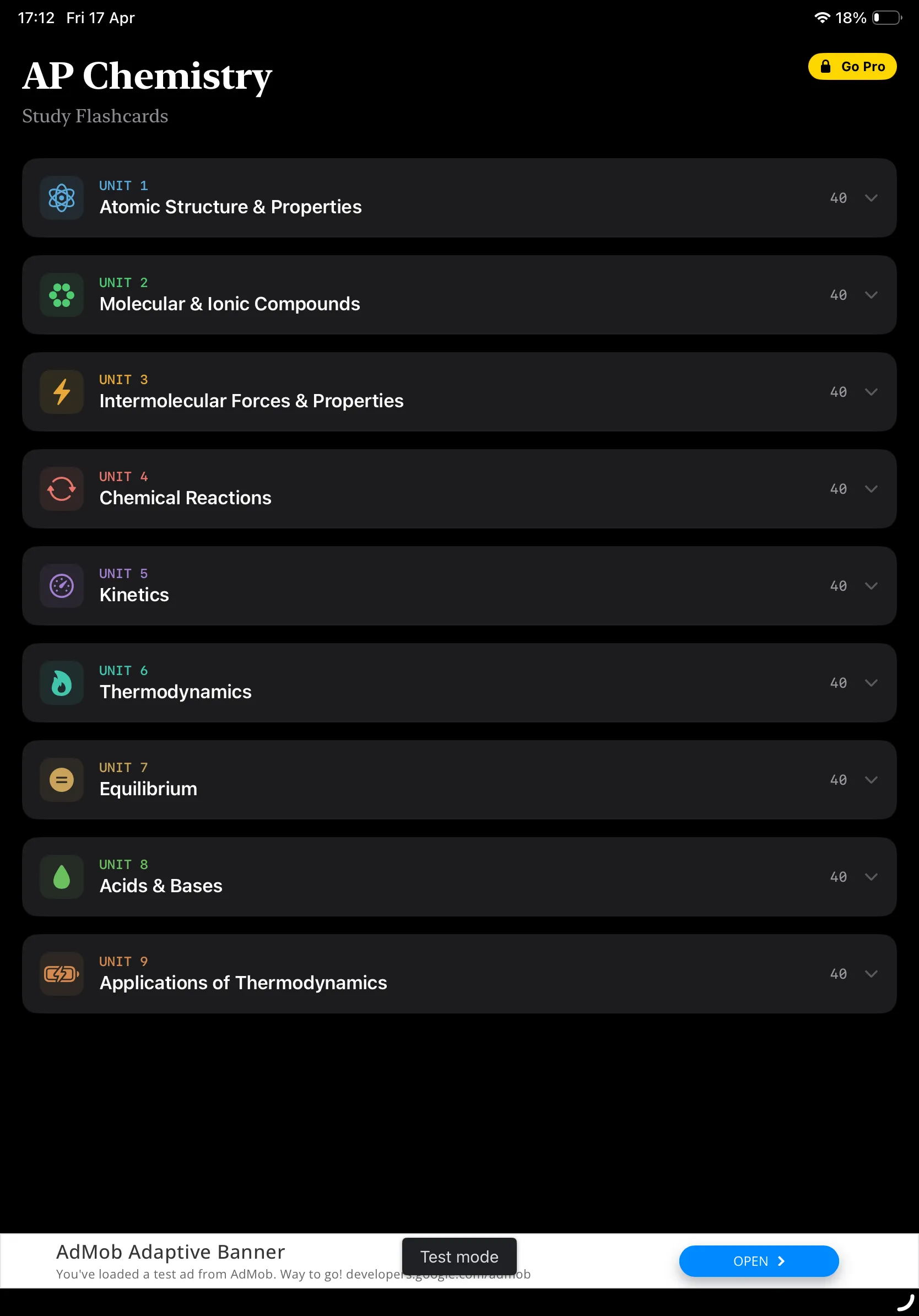 iPad Screenshot - Units List (Dark Mode)