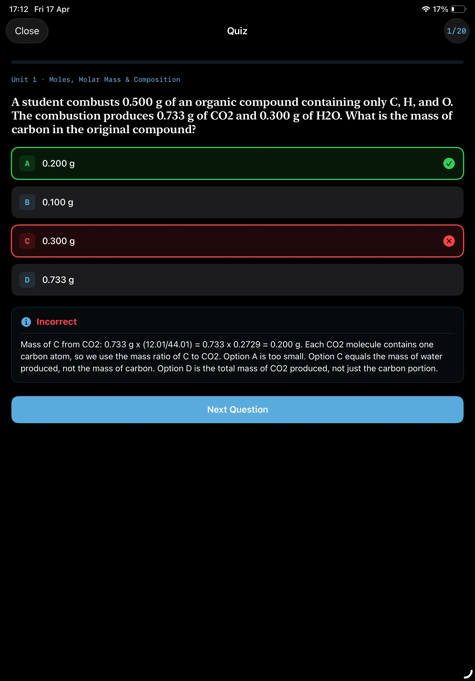 iPad Screenshot - Quiz Answer (Dark Mode)