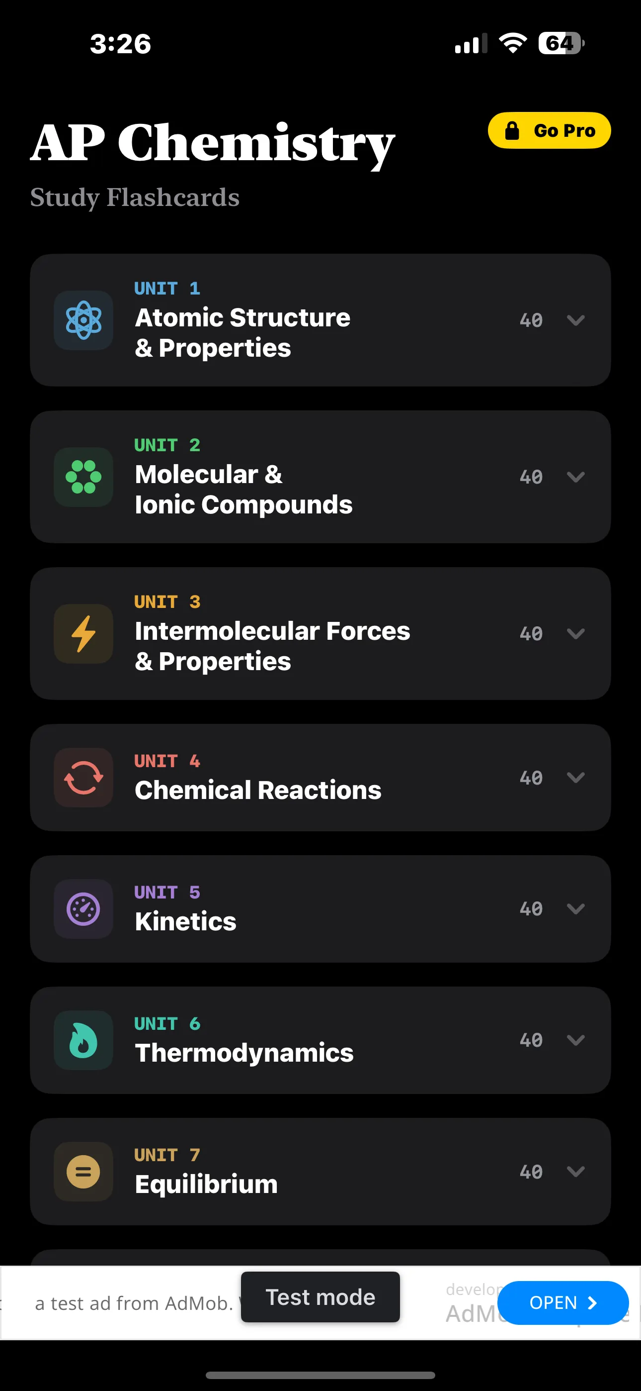 iPhone Screenshot - AP Chemistry Units List (Dark Mode)