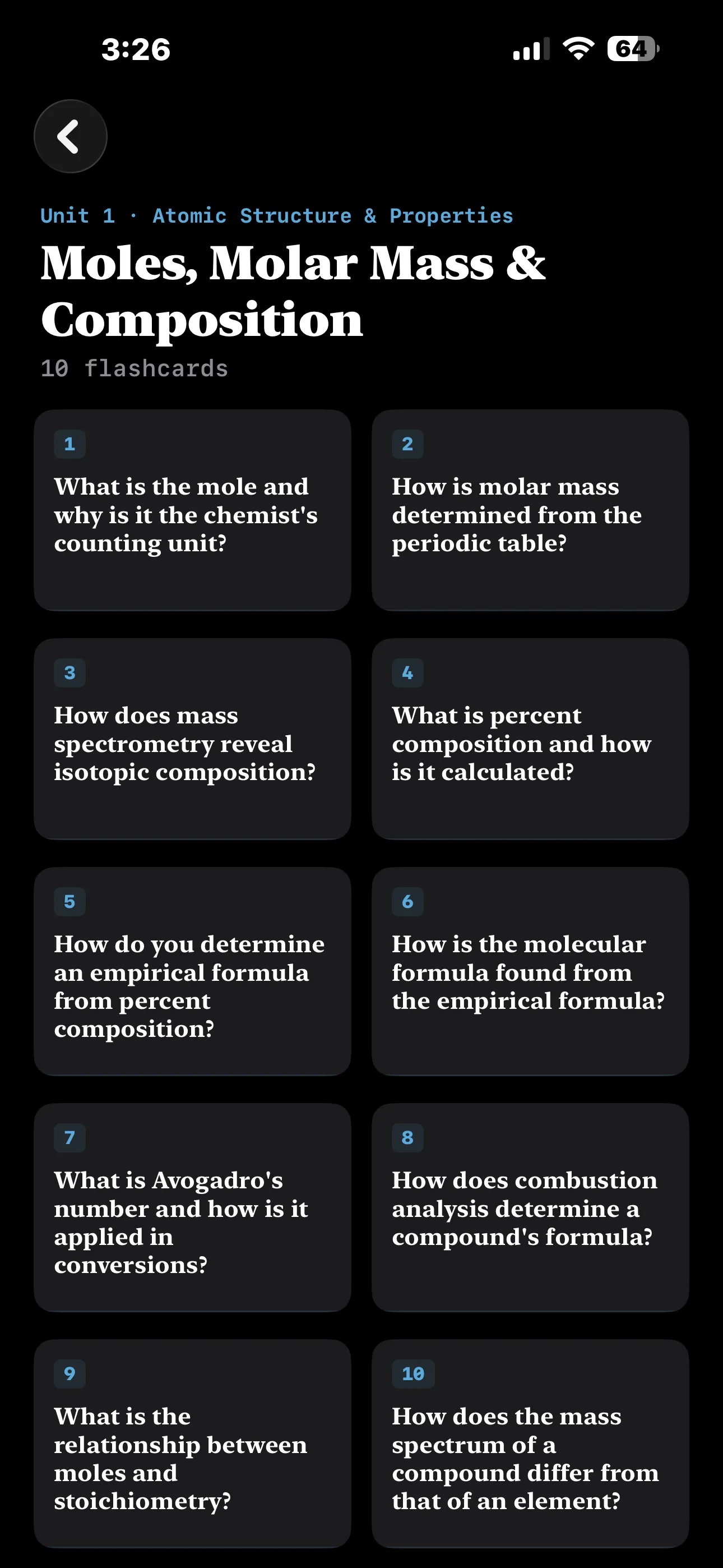 iPhone Screenshot - Flashcard List (Dark Mode)