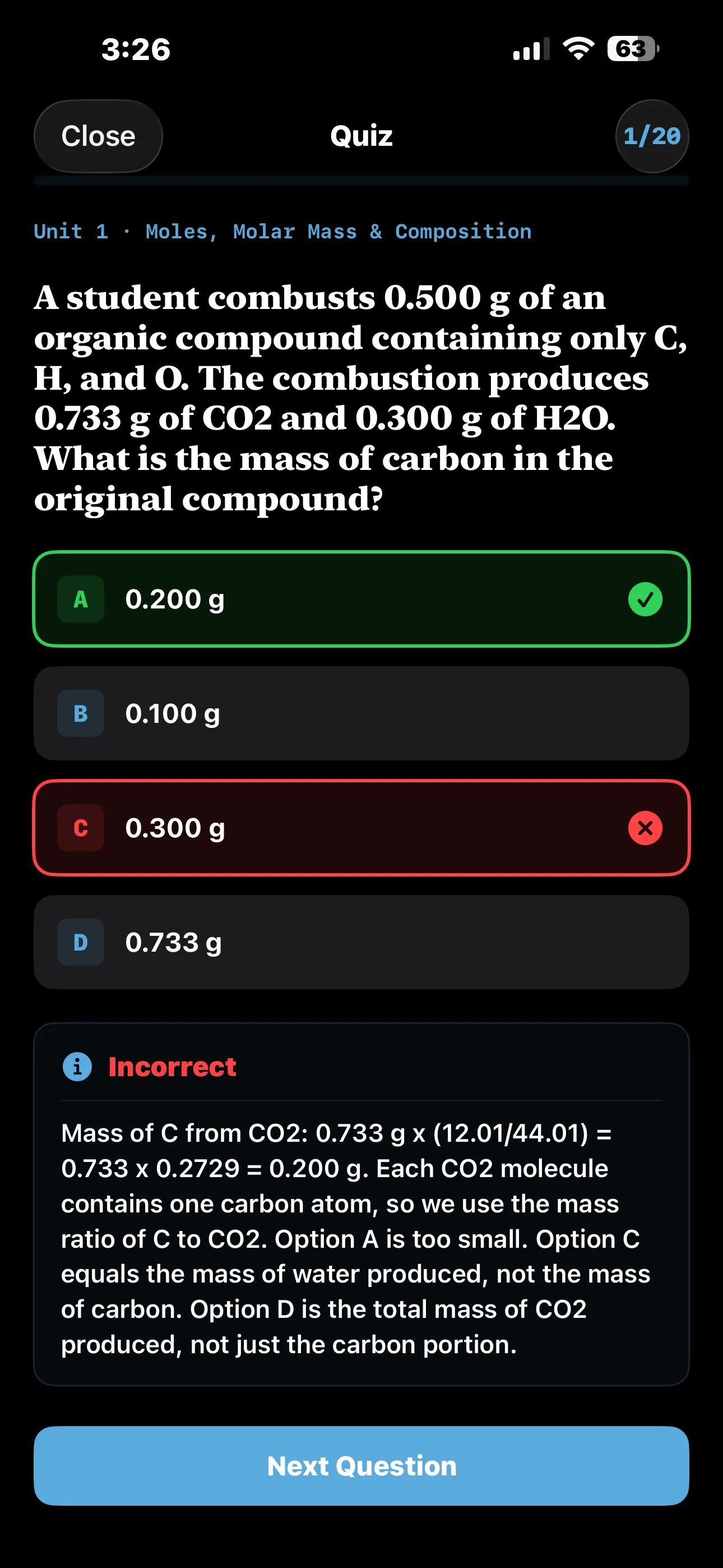 iPhone Screenshot - Quiz Answer (Dark Mode)
