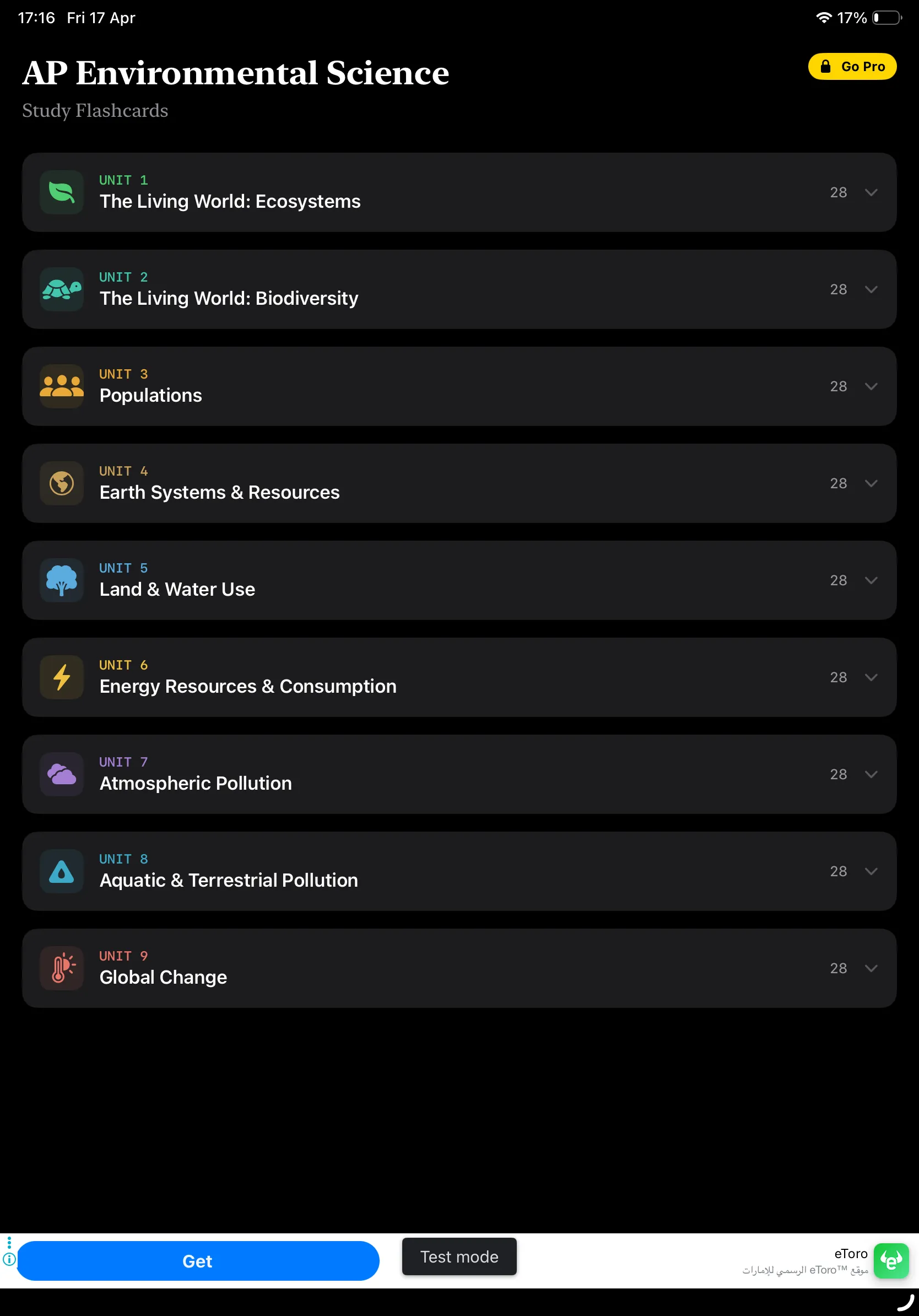 iPad Screenshot - Units List Dark Mode