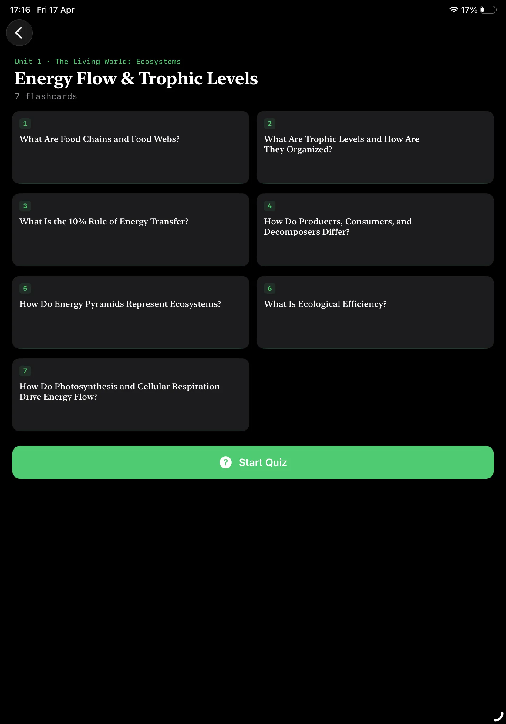 iPad Screenshot - Subtopic Flashcard List Dark Mode