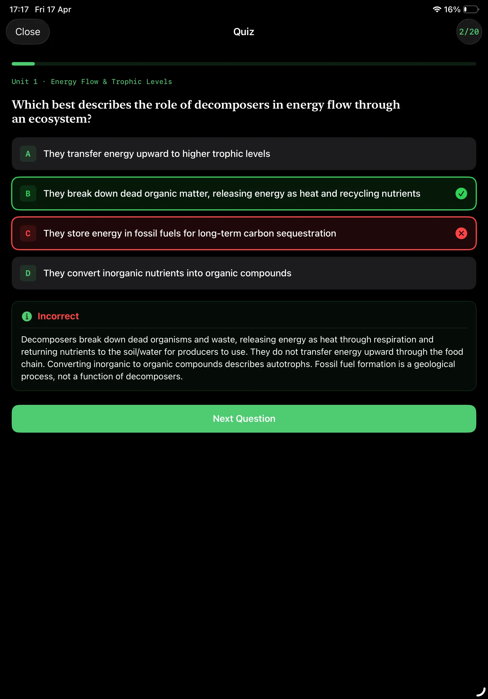 iPad Screenshot - Quiz Answer Dark Mode