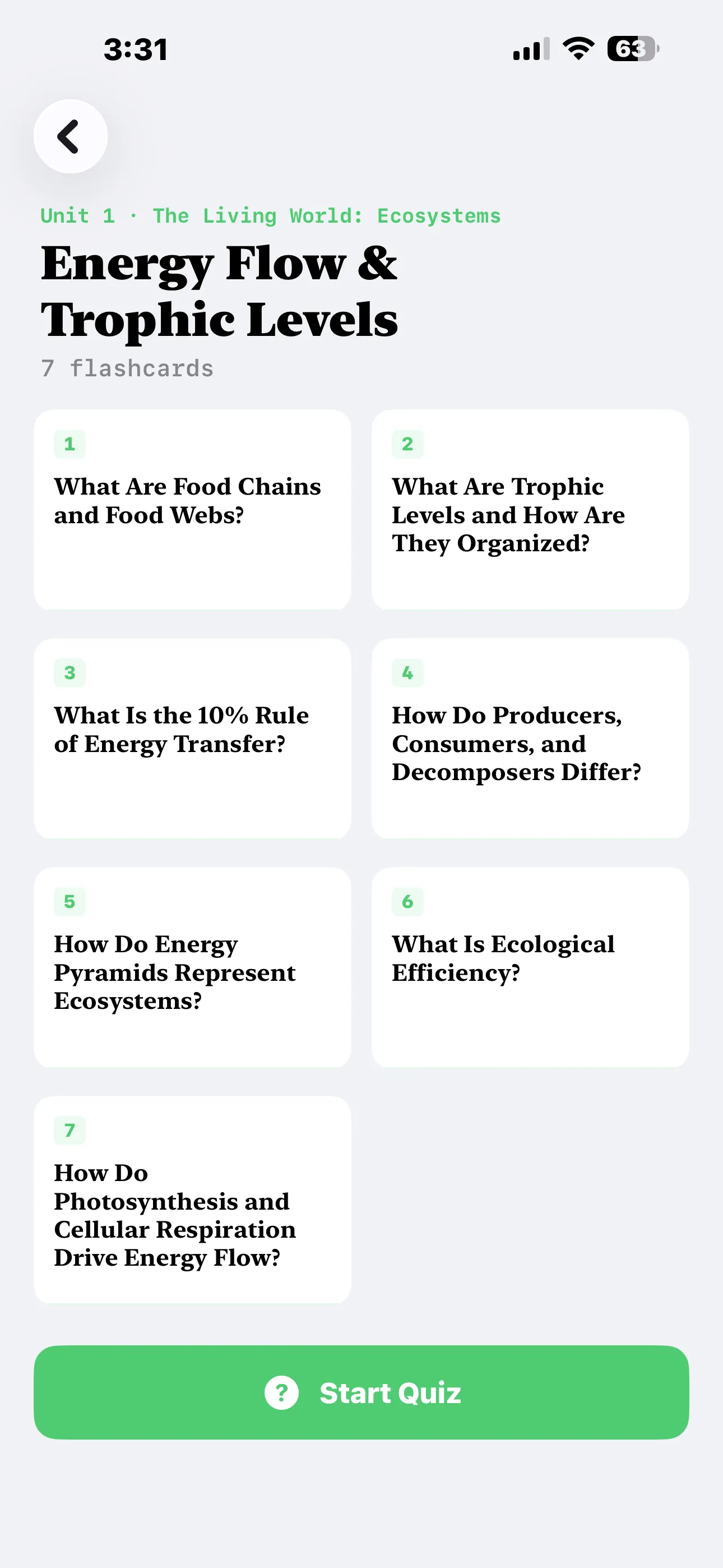 iPhone Screenshot - Subtopic Flashcard List Light Mode