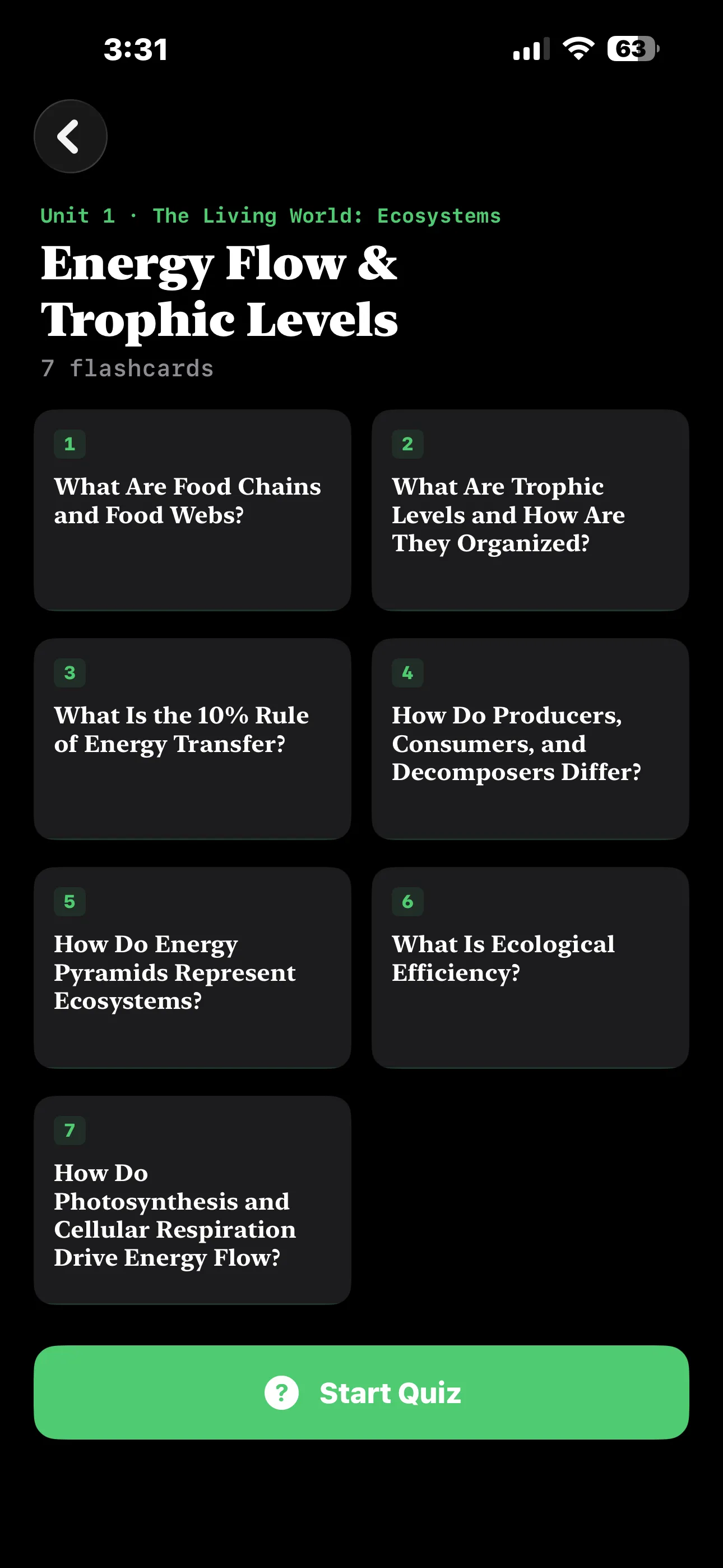 iPhone Screenshot - Subtopic Flashcard List Dark Mode