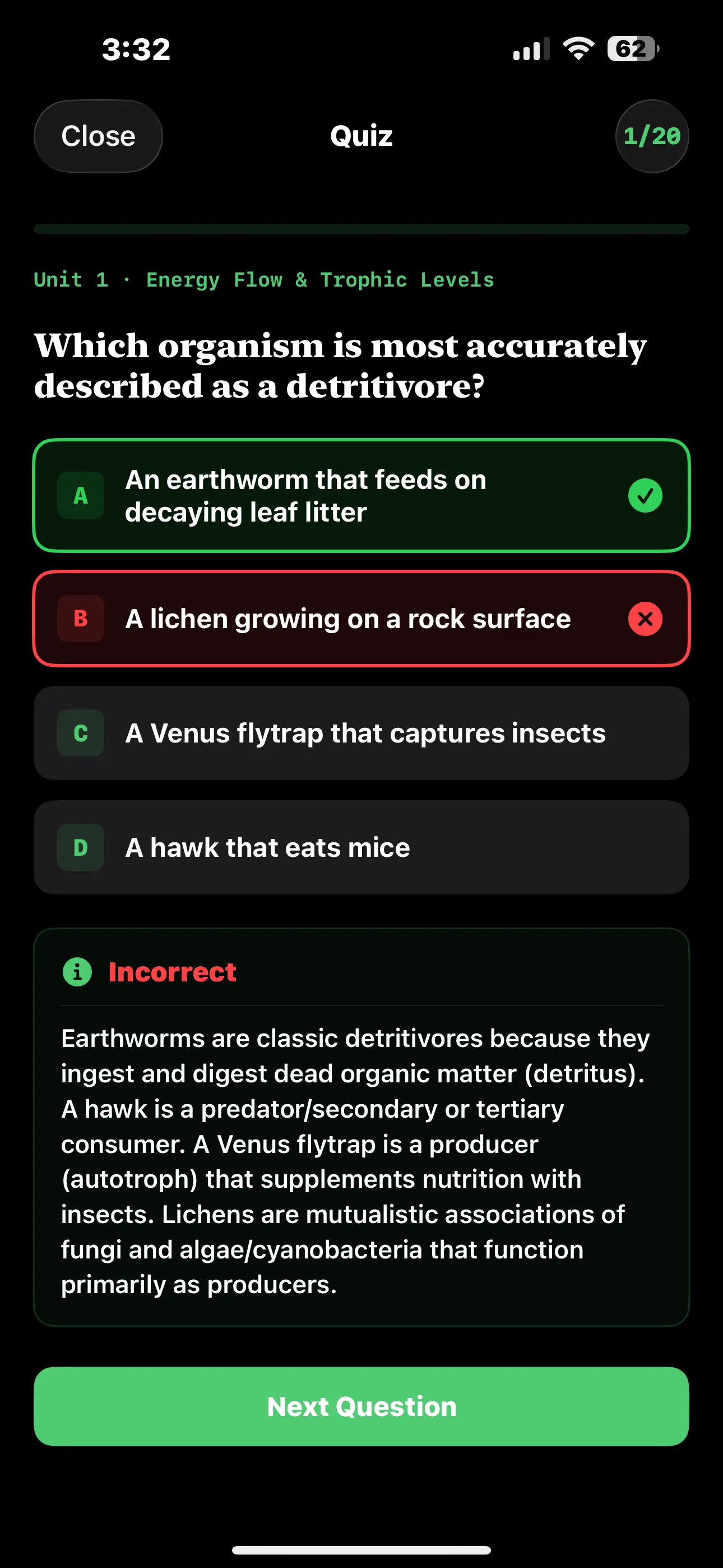 iPhone Screenshot - Quiz Answer Dark Mode