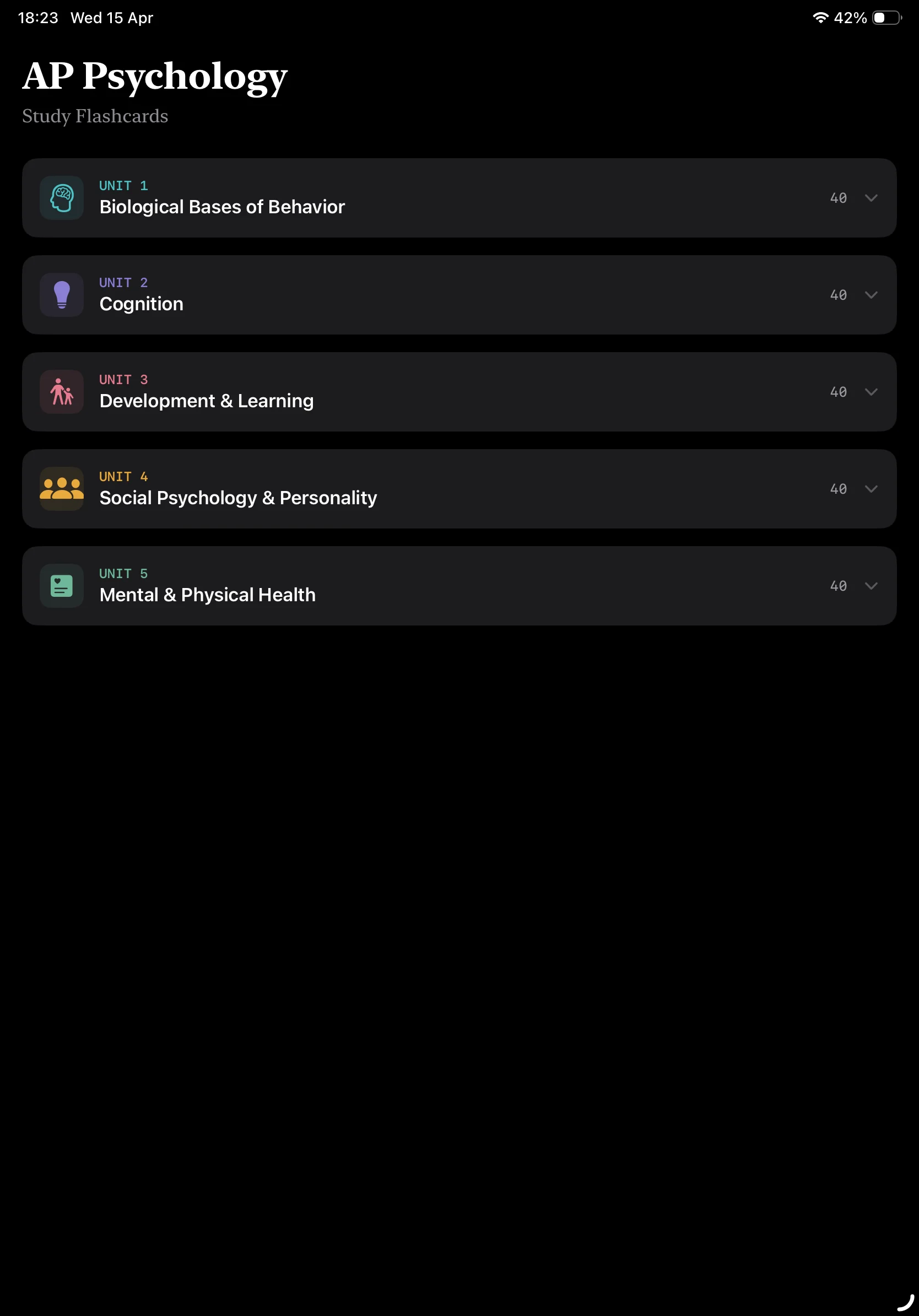 iPad Screenshot - Units List Dark Mode